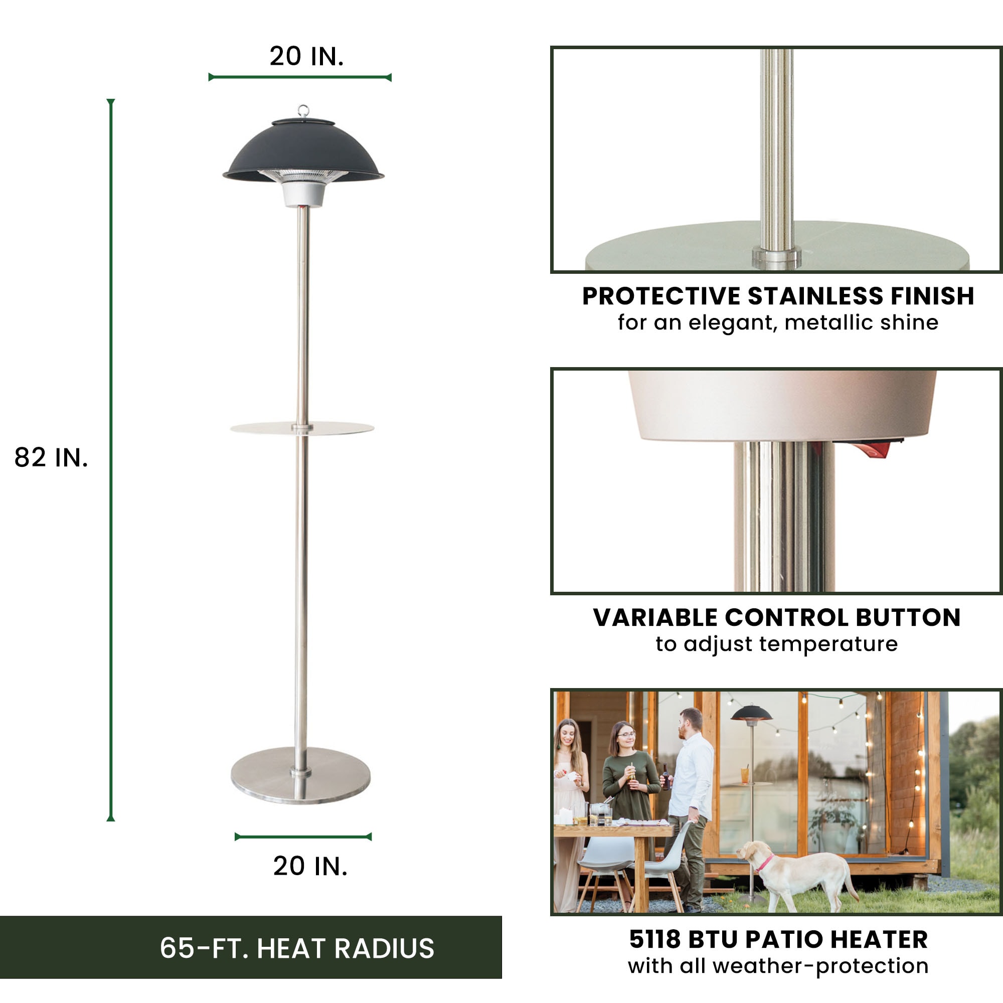 Hanover Black Stainless Steel Electric Infrared Patio Heater with Built-in Table