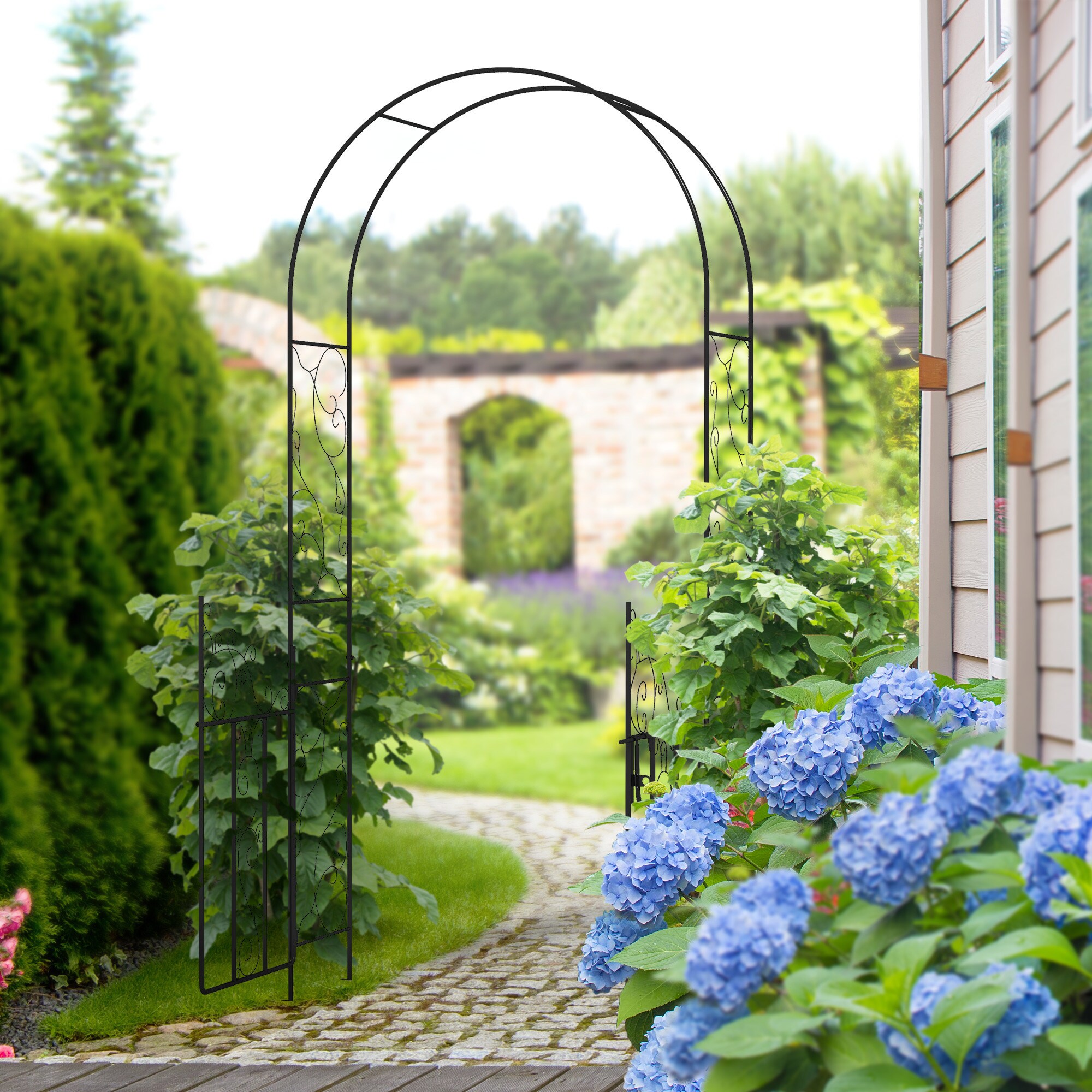 Wooakway 7.5 ft Metal Garden Arch with Gate Garden Arbor Trellis for ...