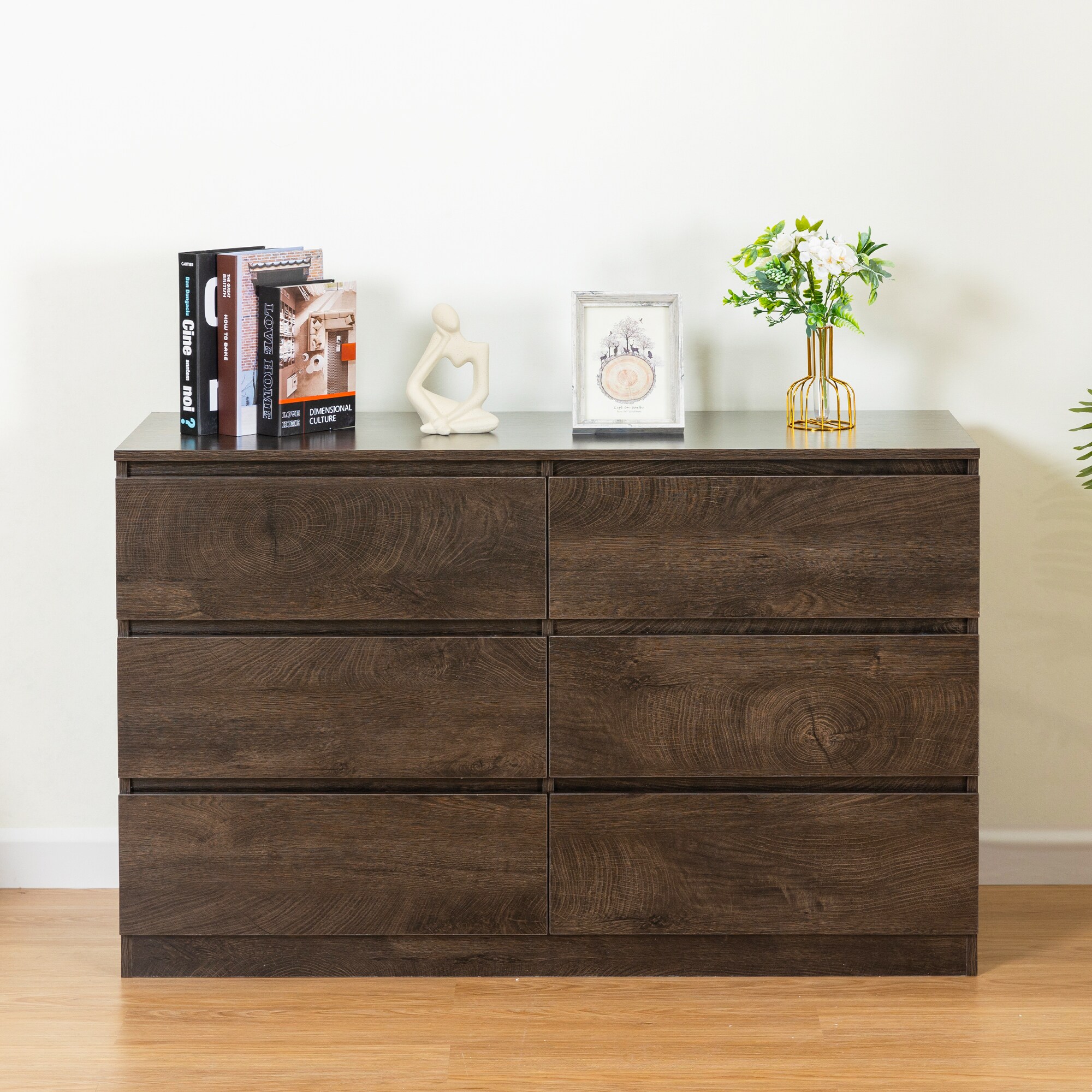 GDFStudio 330692 Contemporary Dresser Cabinet with 6 Drawers and Buffet Countertop Gray