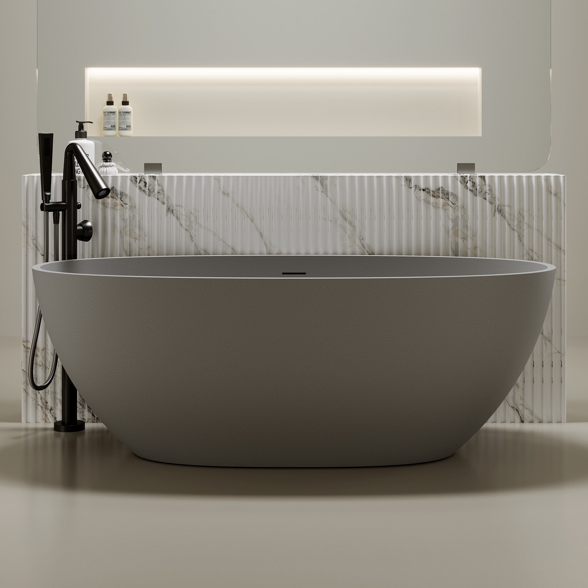 Vynxaria Grey Solid Surface Stone Resin Freestanding Soaking Bathtub