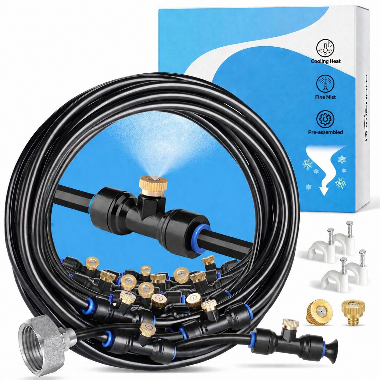 CYIKE  Misting Cooling System 98FT Kit with 27 Brass Nozzles and Brass Adapter Outdoor Patio Garden Greenhouse Pet Cooling Irrigation Pre