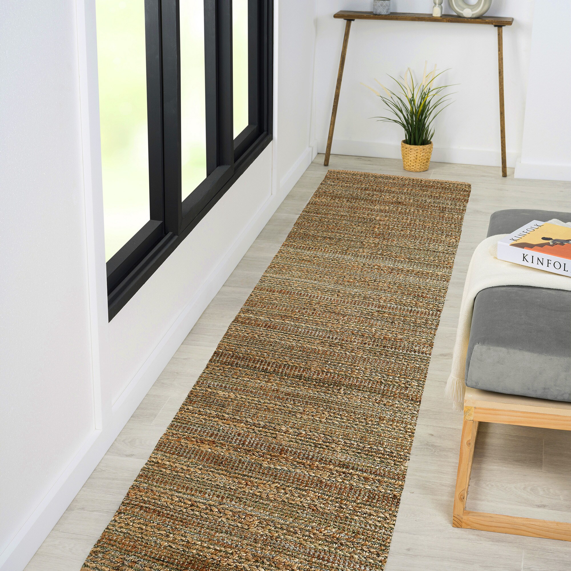 LR Home 8040A3590304J8 2 x 8 (ft) Jute Natural jute /smoke green Rectangular Indoor Stripe Rustic Runner rug