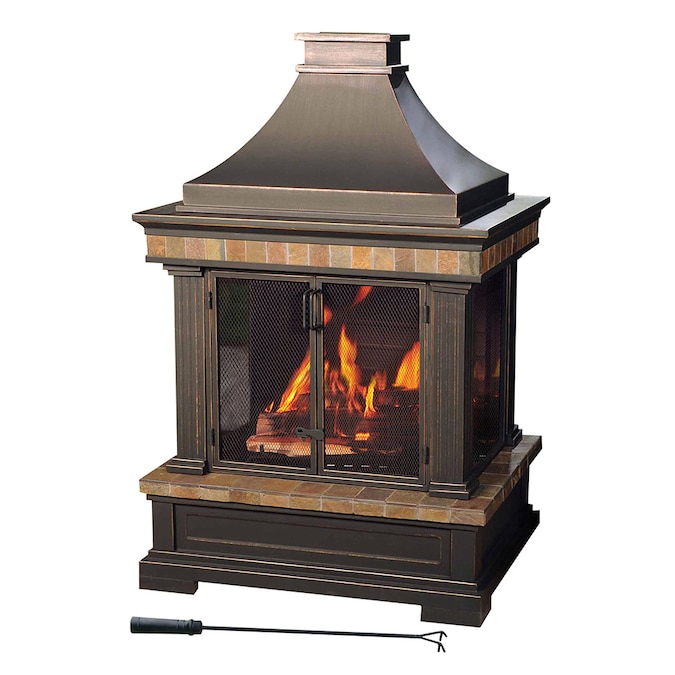 Sunjoy Black Steel Outdoor Wood Burning, Outdoor Metal Fireplace With Chimney