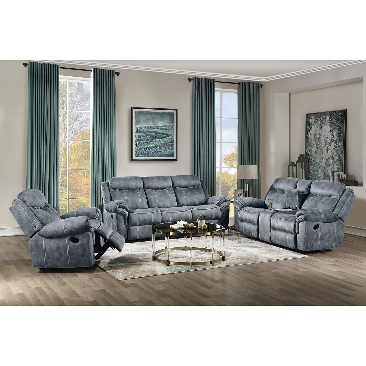 GZMR - Velvet 3-Piece Reclining Living Room Set 87-in W Modern Gray Velvet 6+seats Reclining Sofa