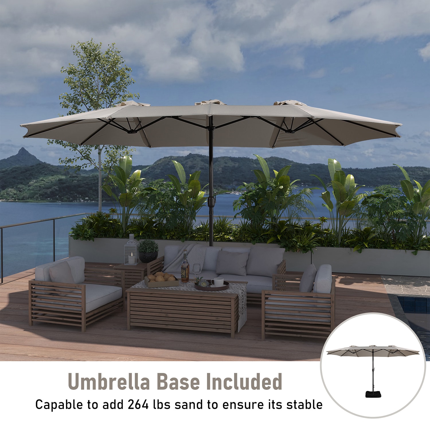 Beige 15-ft Steel Double-Sided Patio Umbrella with Base