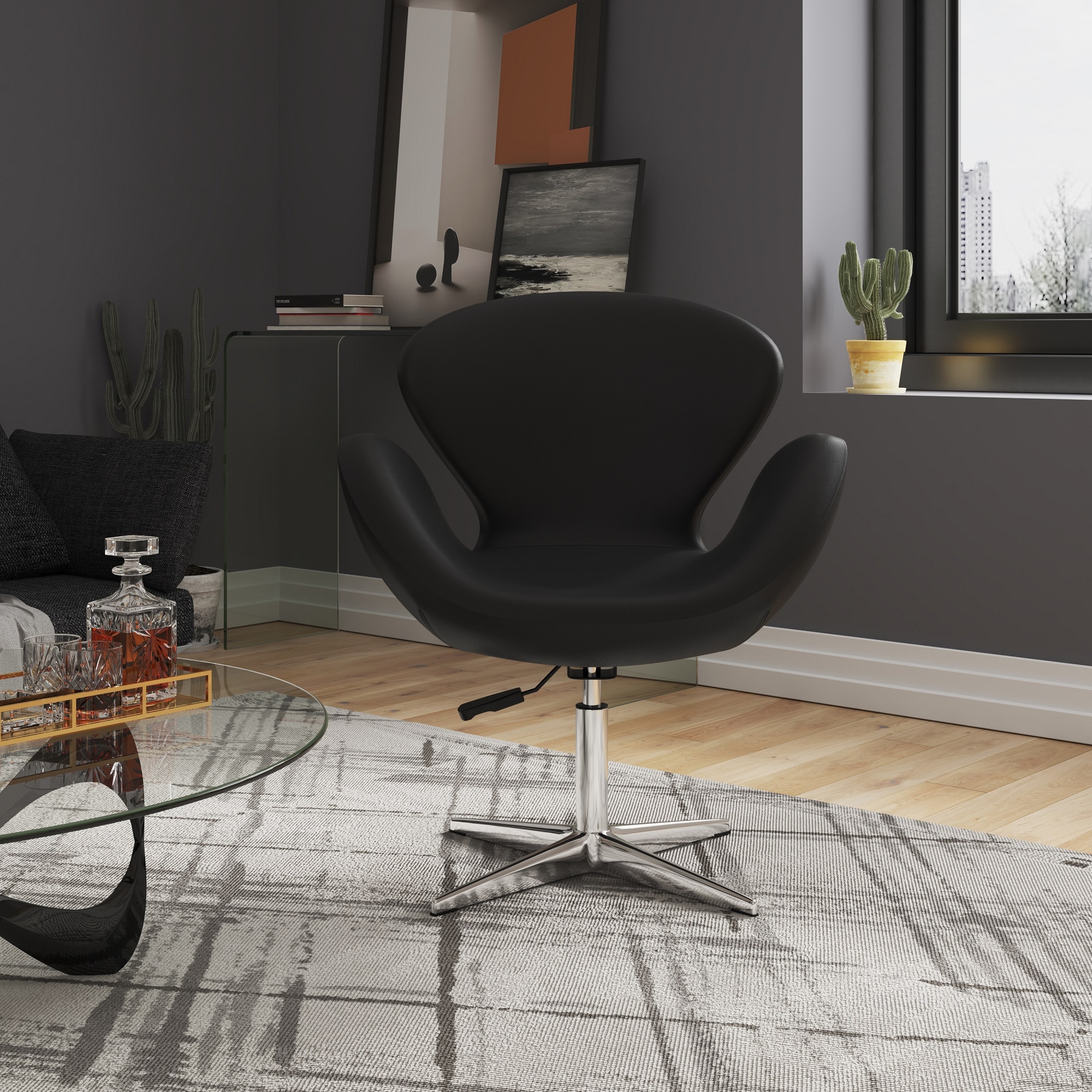 Manhattan Comfort 2-AC038-BK 2 Modern Black and Polished Chrome Faux leather Swivel Accent Chair