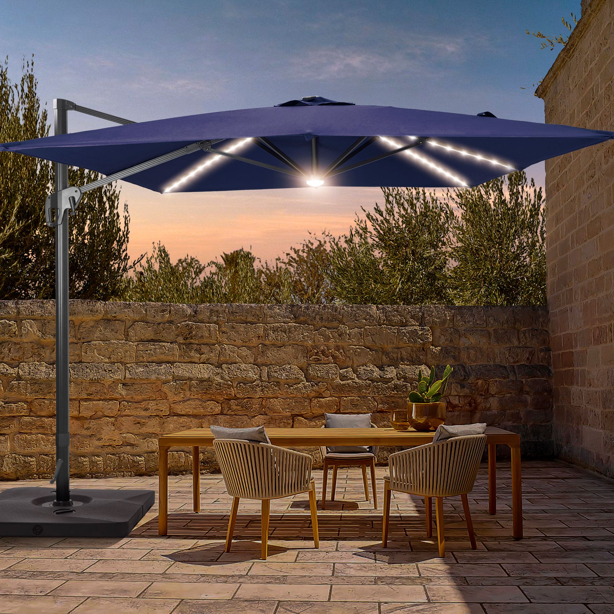Sonkuki SD-ZD2735NY-LED 11.5-Feet Aluminum Blue No-tilt Cantilever Patio Umbrella with Lights and with Base