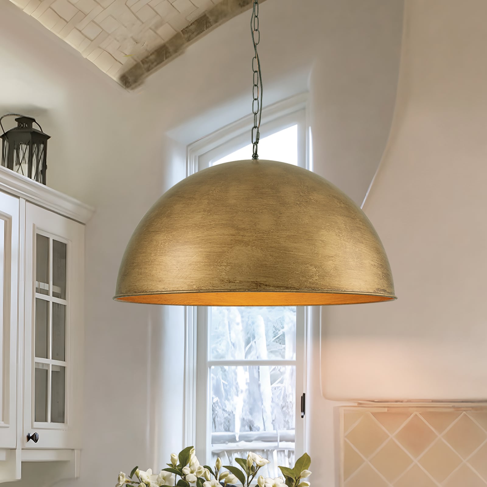 EDISLIVE 4 -Light Antique Gold Industrial Metal Dome Large Hanging Pendant Light