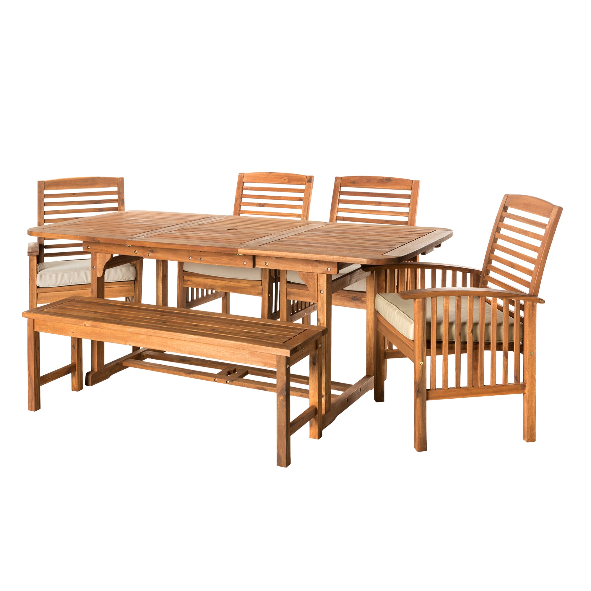 Walker Edison LWW6SBR 6 -Piece Brown Patio Dining Set Extendable Table Wood Rectangle Table with 4 Tan Cushions Stationary Chairs