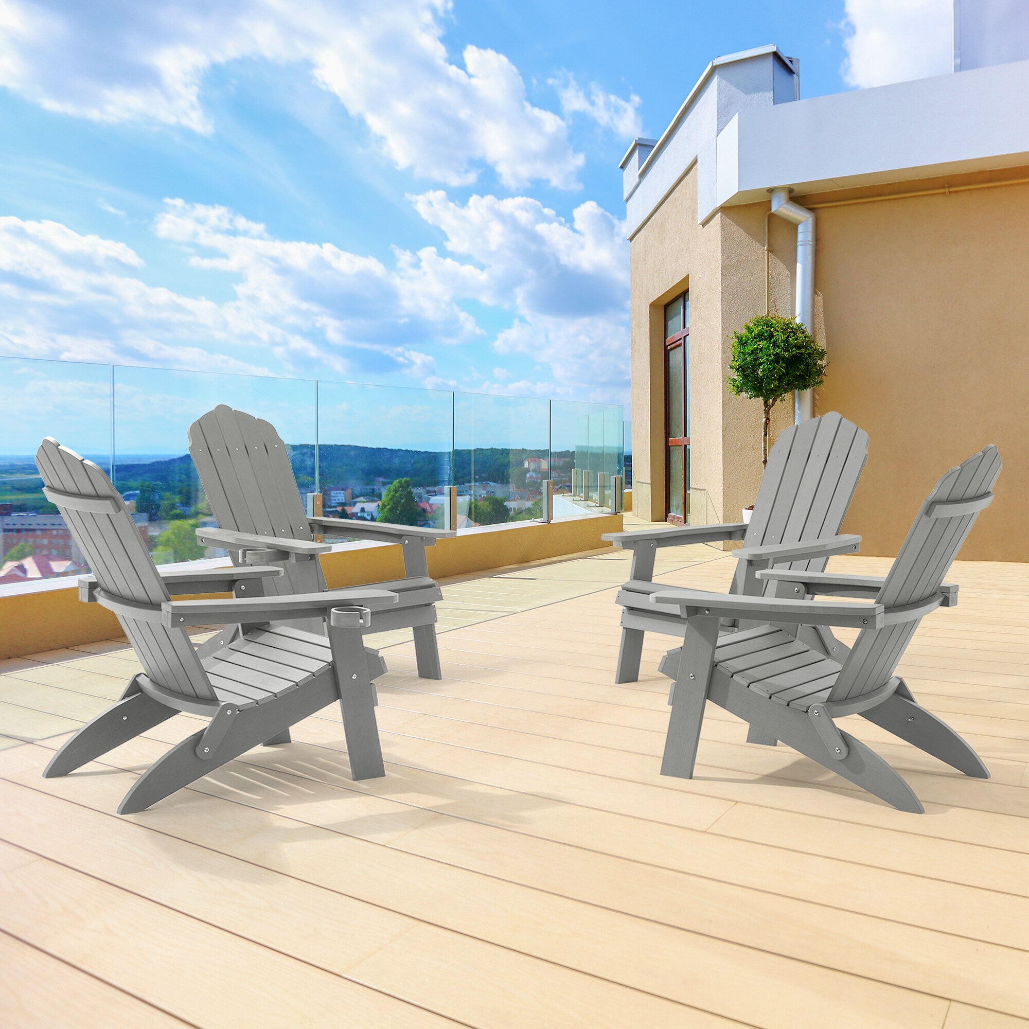 Sonkuki SD-AD506-LY-4 Patio Chair Set of 4 Light Gray Plastic Frame Stationary Adirondack Chair with Solid Seat