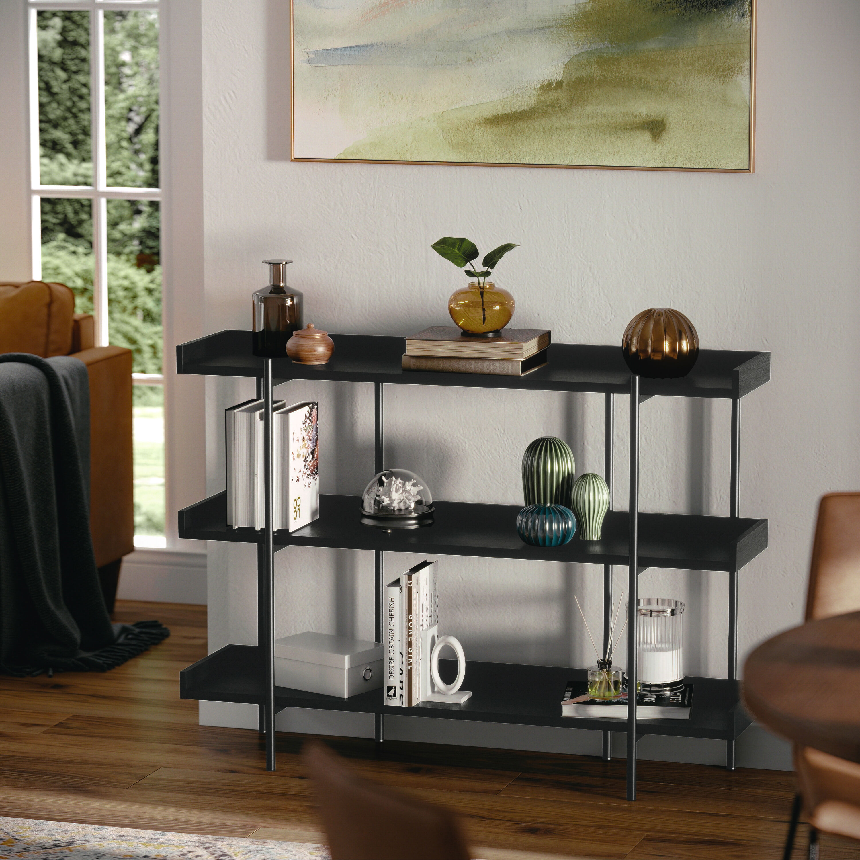 Black Wood Grain 3-Shelf Bookcase with Oil Rubbed Bronze Frame