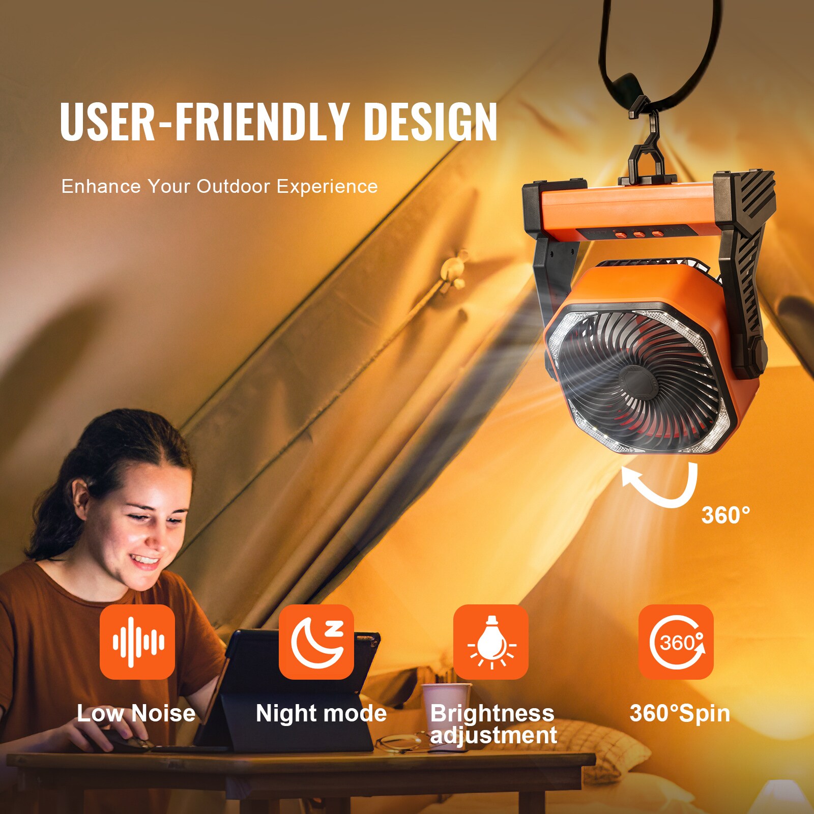 VEVOR 8-Inch Orange Rechargeable Desk Fan with LED Lantern
