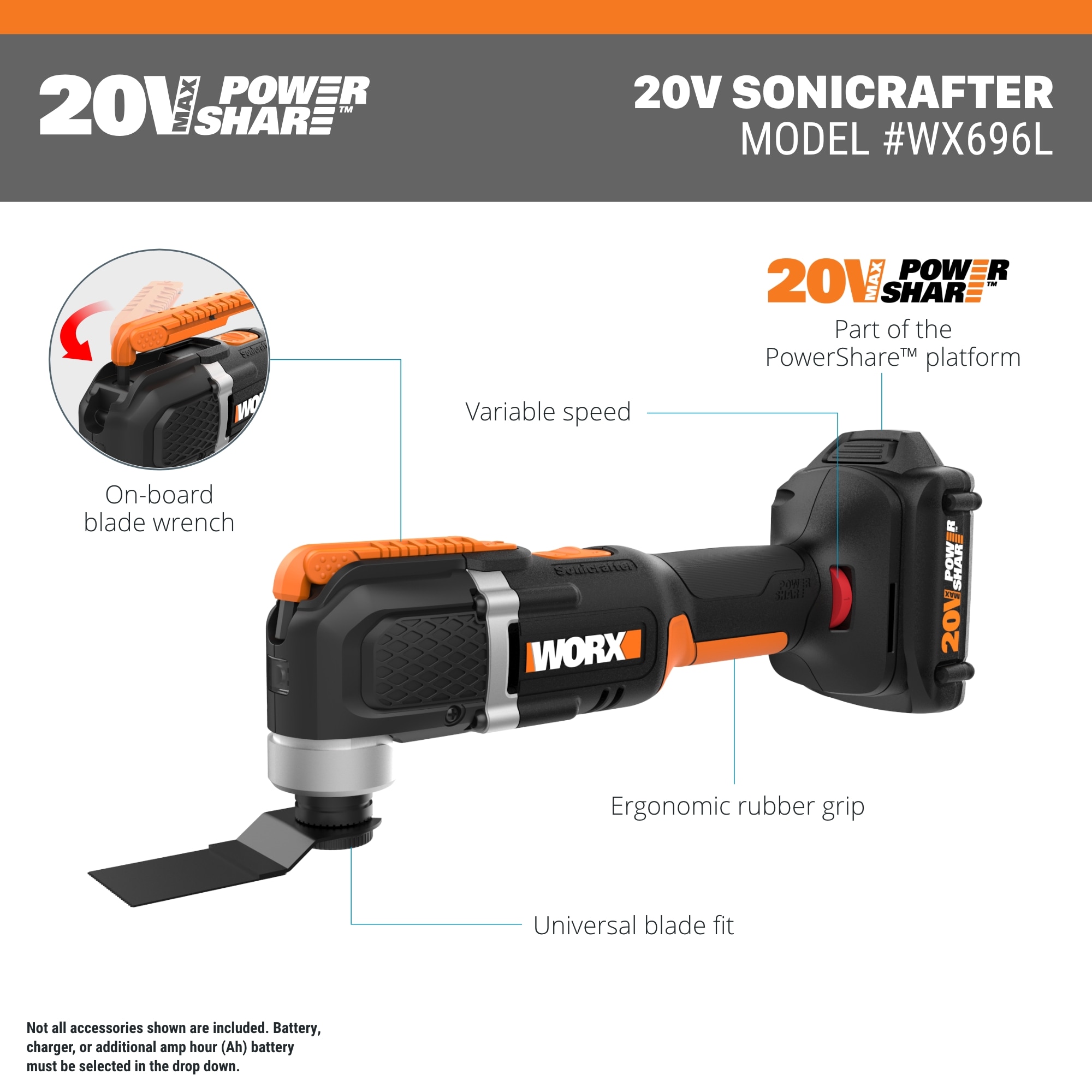 FOR PARTS WORX WX696L 20v Cordless Oscillating Multi-tool with 2.0 Ah  battery