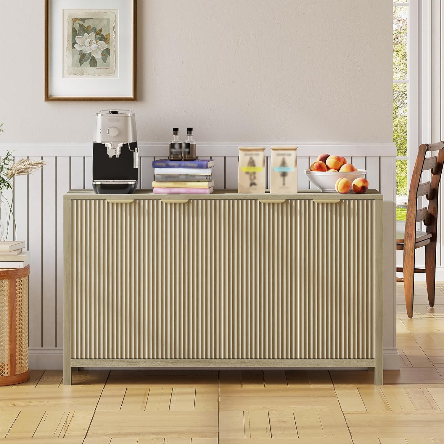 Qeetex GGL-PHK-33988MHC 55in Fluted Buffet Cabinet with Storage  Large Sideboard Modern Credenza with 4 Doors and Adjustable Shelves  Kitchen Buffet Cabinet Console Table for Living Room Kitchen Entryway- Oak