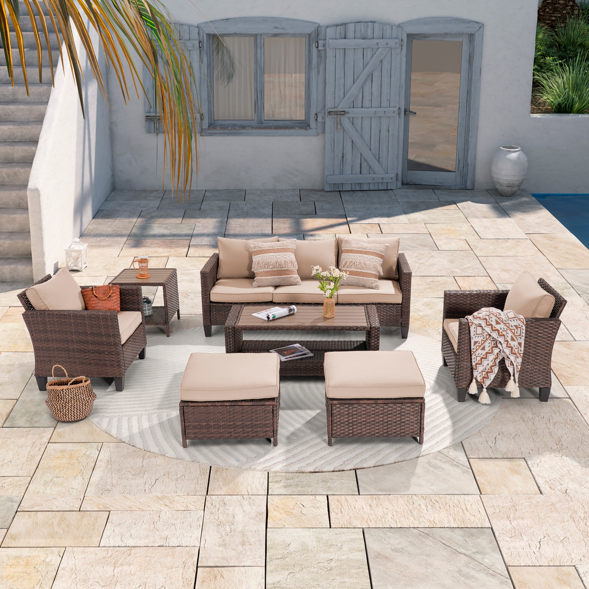 ACEGOSES LW-115BSD-S1T3 7 -Piece Wicker Patio Sofa Conversation Set with Tan Cushions