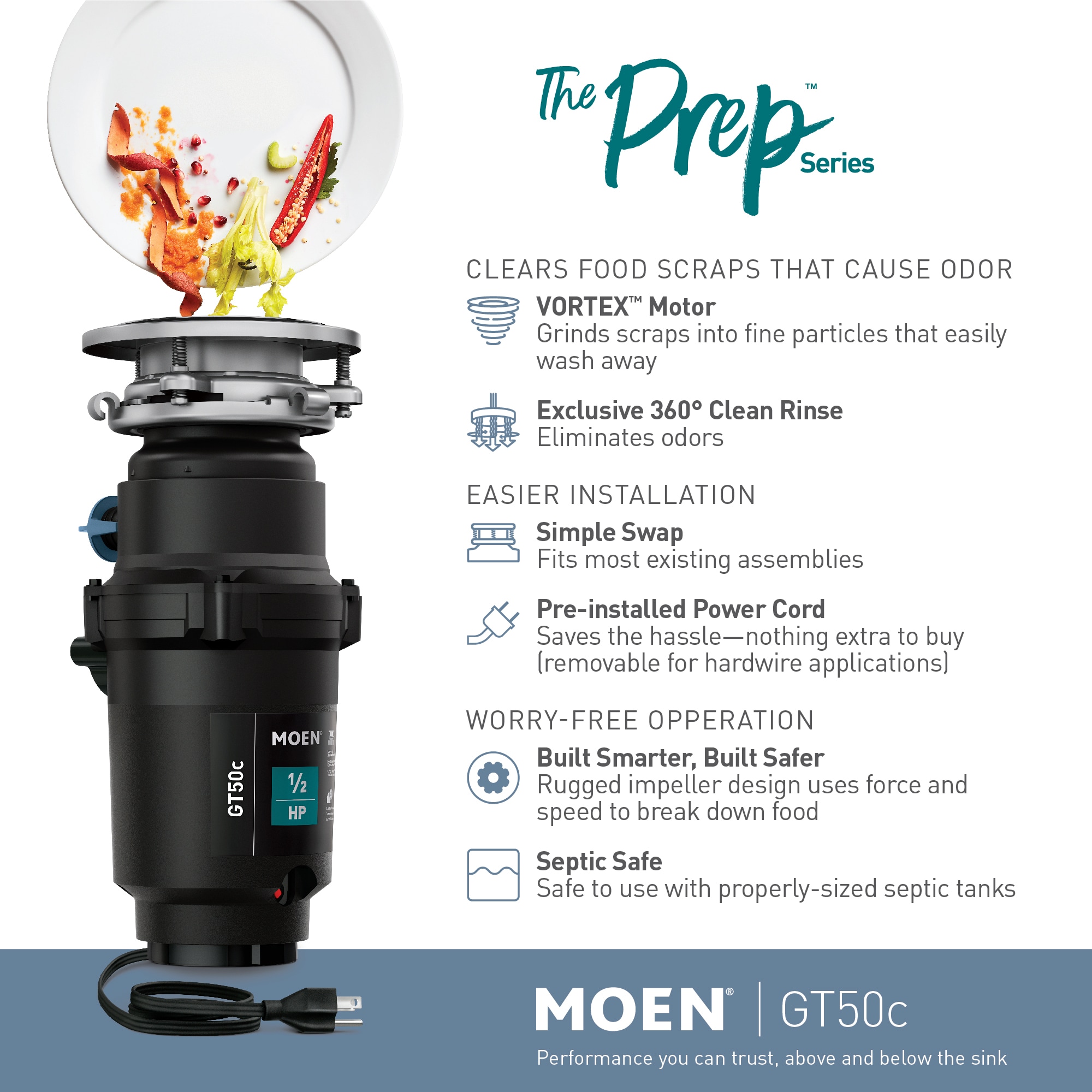 Moen GT50C Prep Series Horsepower Continuous Feed Garbage Disposal featuring Fast Track Technology, Power Cord Included - 2