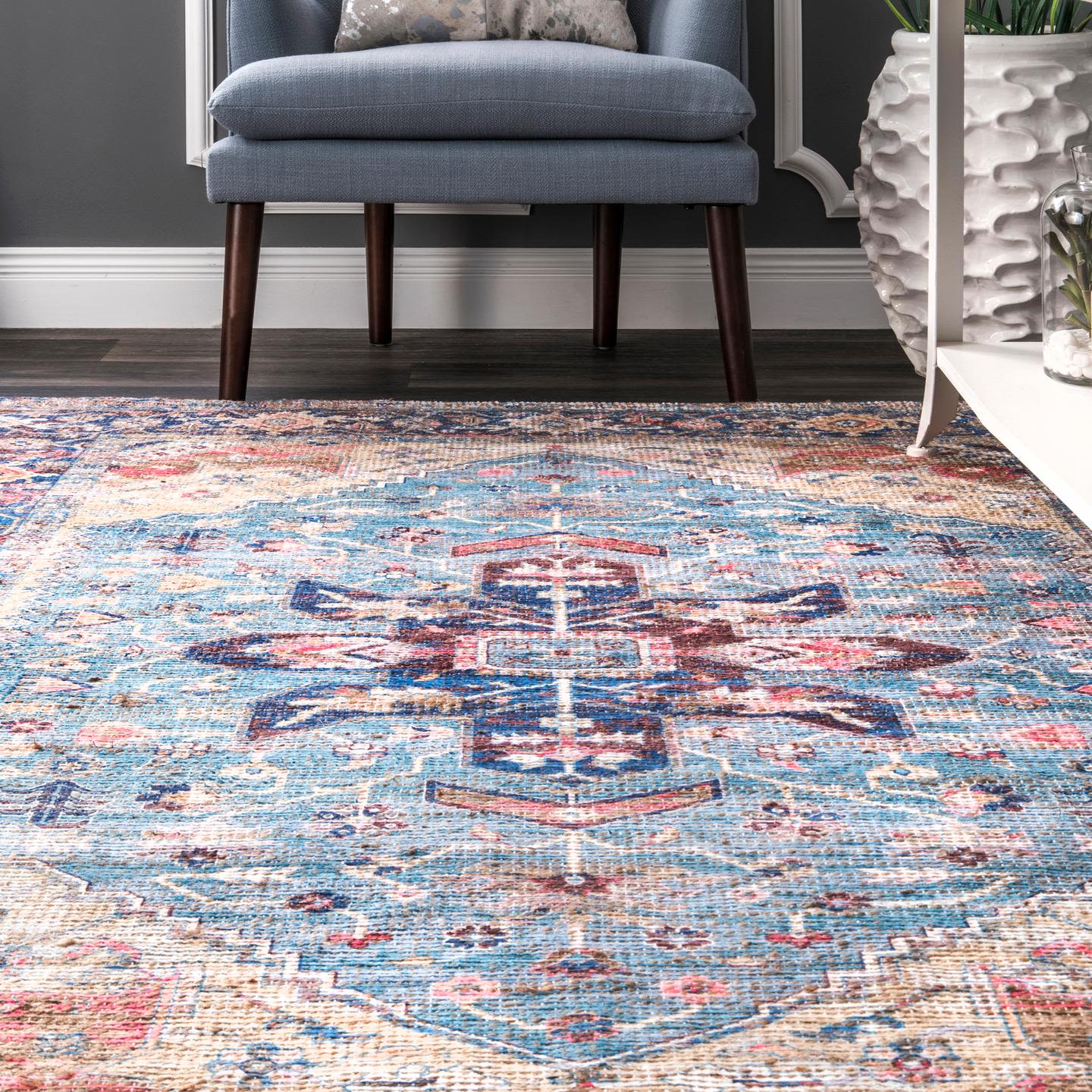 Matilda Blue Cotton Chenille 4' x 6' Reversible Area Rug