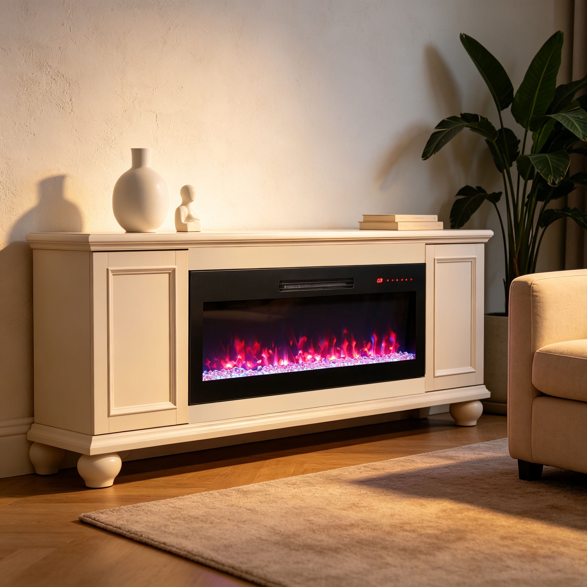 Cuschoice  42-in Wall Mount Electric Fireplace with Tempered Glass Front 1400W LED Heater Remote Control Multi Color Flame Ember Bed 5 Brightness Levels 64-82 Thermostat