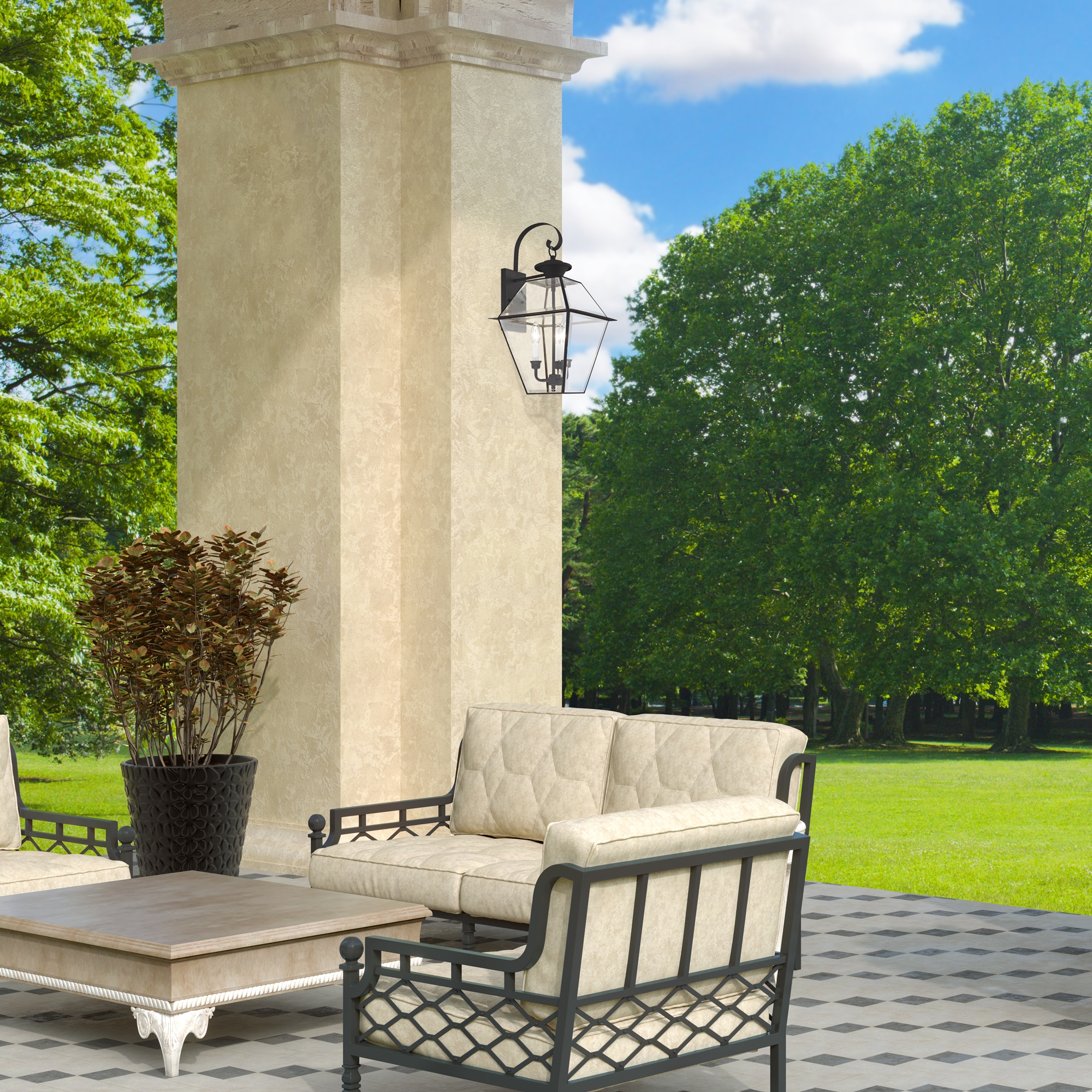 Charleston Elegance 3-Light Outdoor Wall Lantern in Black with Clear Beveled Glass