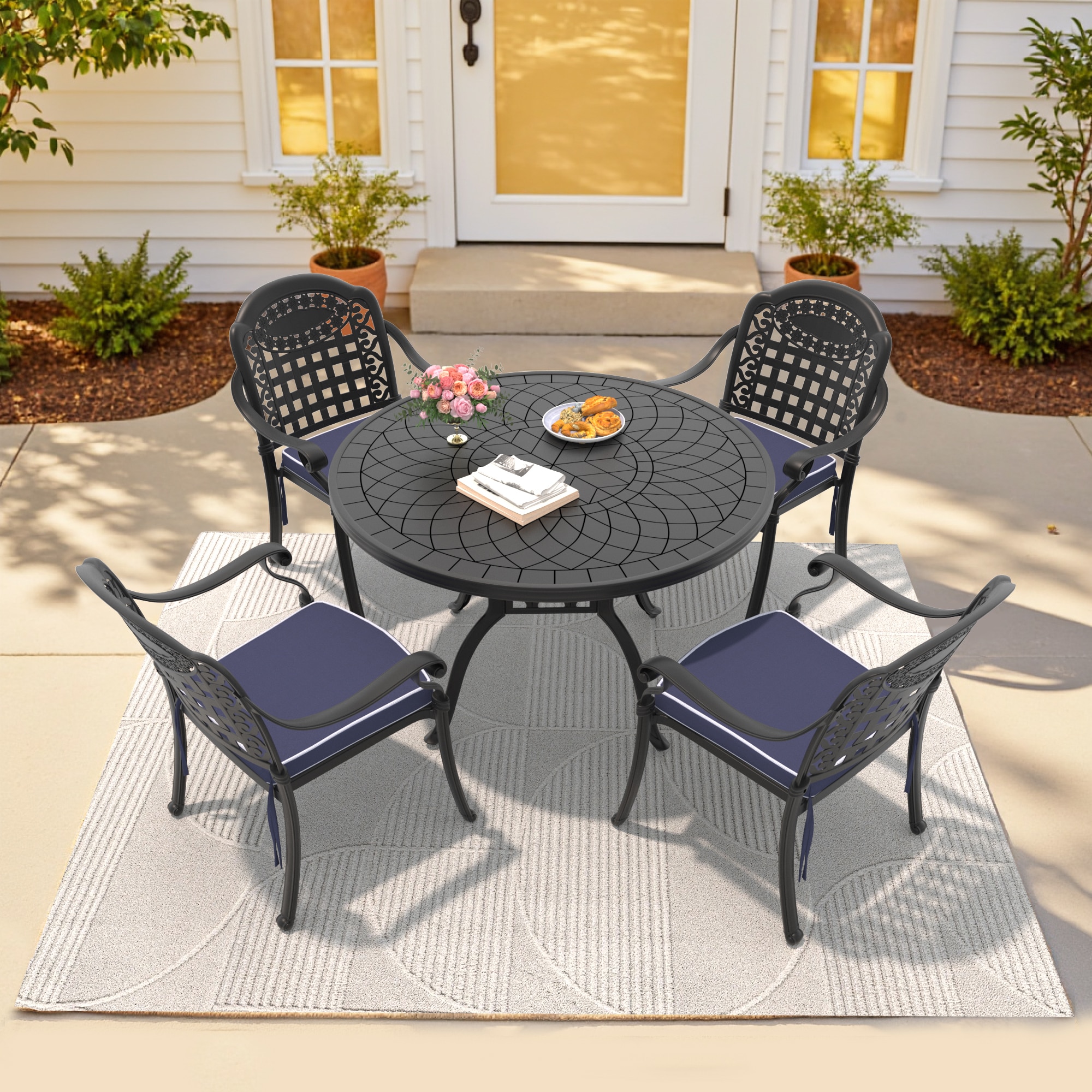 nicesure SLBK6012CZ4A1164RC 5 -Piece Black Patio Dining Set Aluminum Round Table with 4 Cushions Stackable Stationary Chairs