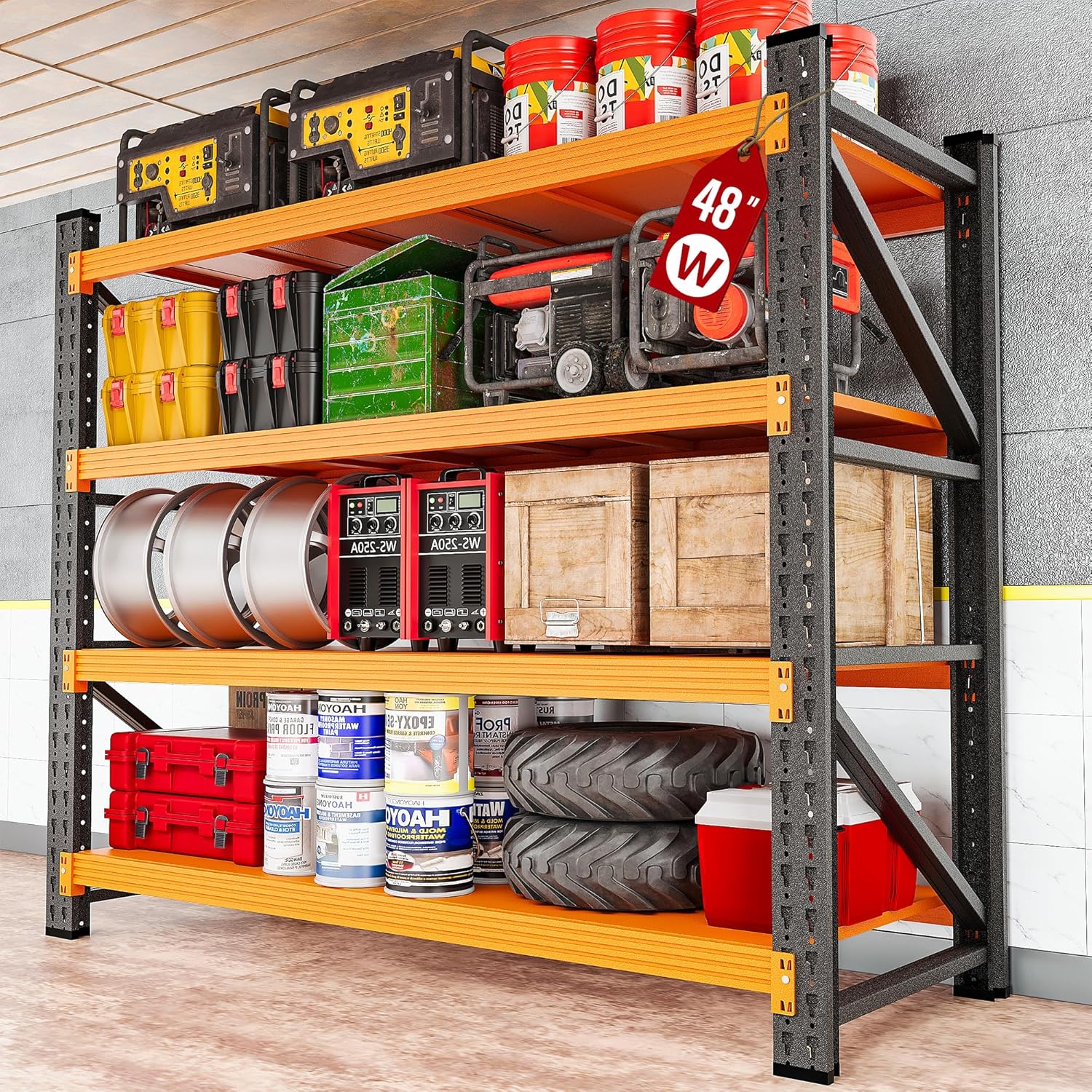 Letaya  48 Wide Heavy Duty Garage Shelving Units 3000LBS Deep Storage Shelves Orange Metal Garage Shelves Large Storage Rack Steel Shelf Industrial Shelving for Shop Warehouse Basement 48W x 24D x 70H