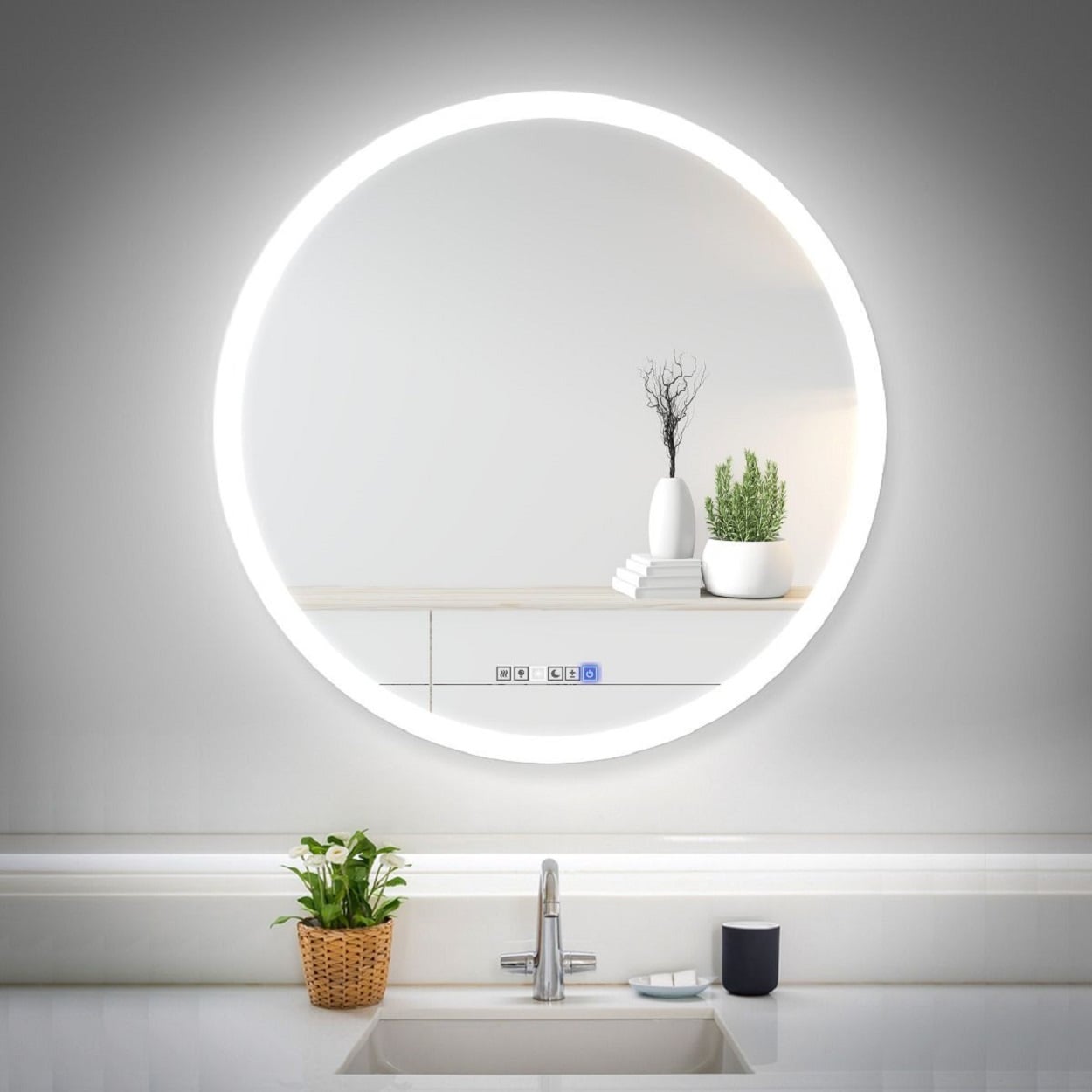 Fab Glass and Mirror Round Lighted LED Bathroom Mirror 28-in x 28-in  Dimmable Lighted Clear Round Frameless Bathroom Vanity Mirror at