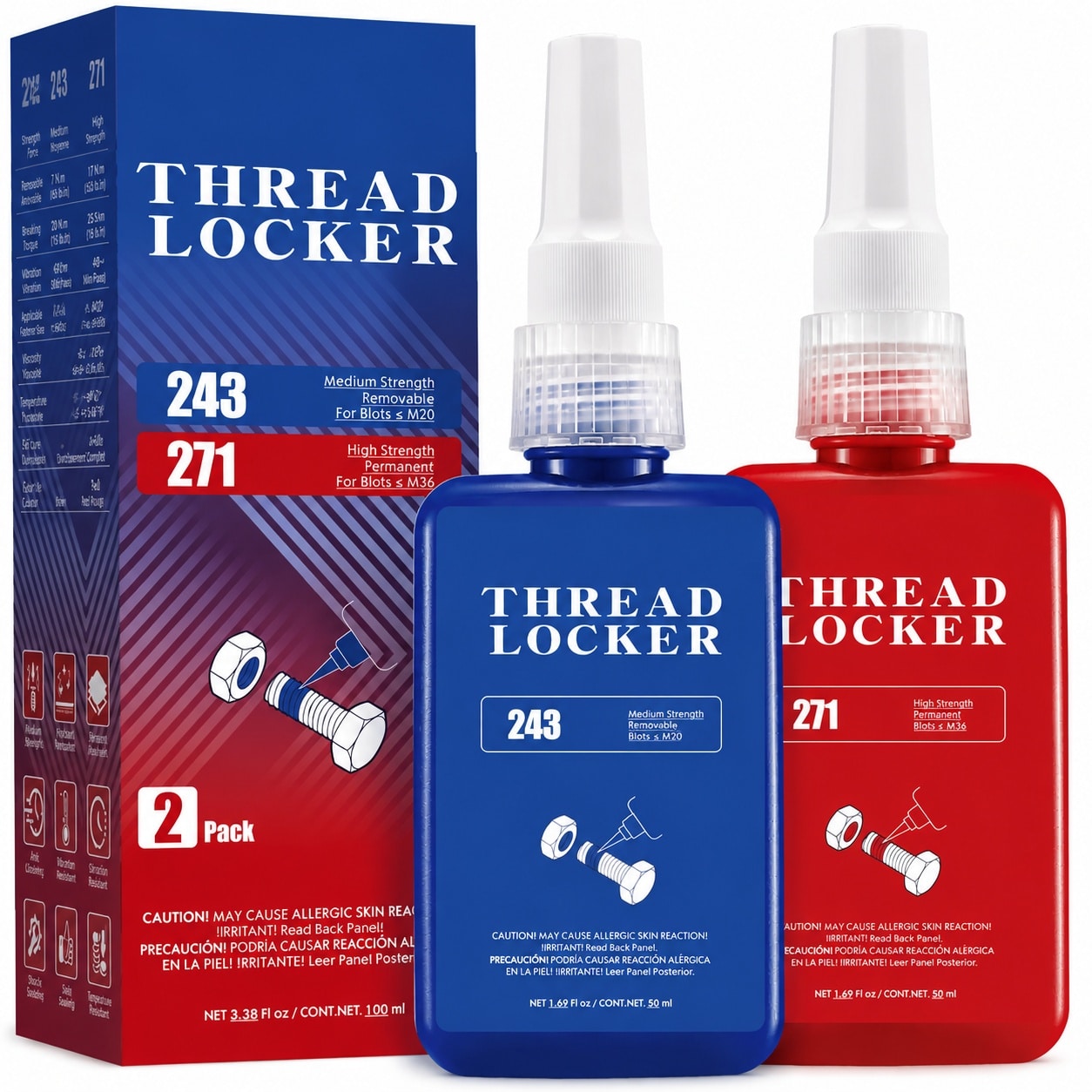 Misopily 2 Pack Thread Locker Blue 243 Medium and Red 271 High Metal ...