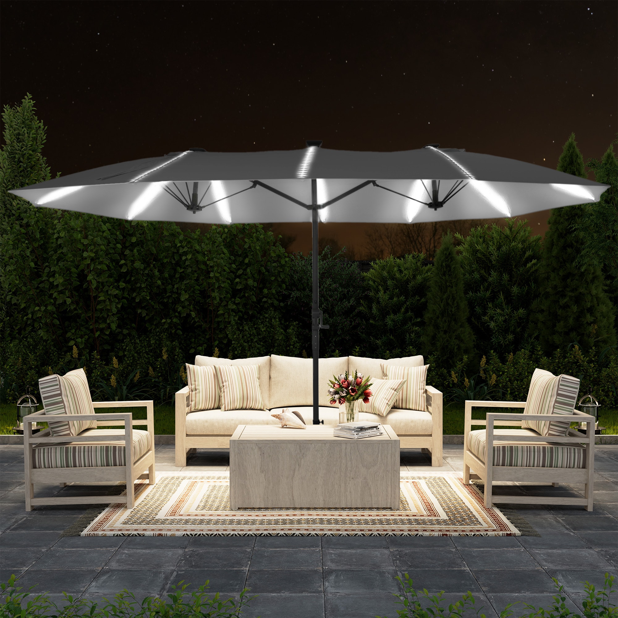 Clihome CLGKBXL-BGY 15 Steel Gray No-tilt Garden Patio Umbrella with Lights and with Base