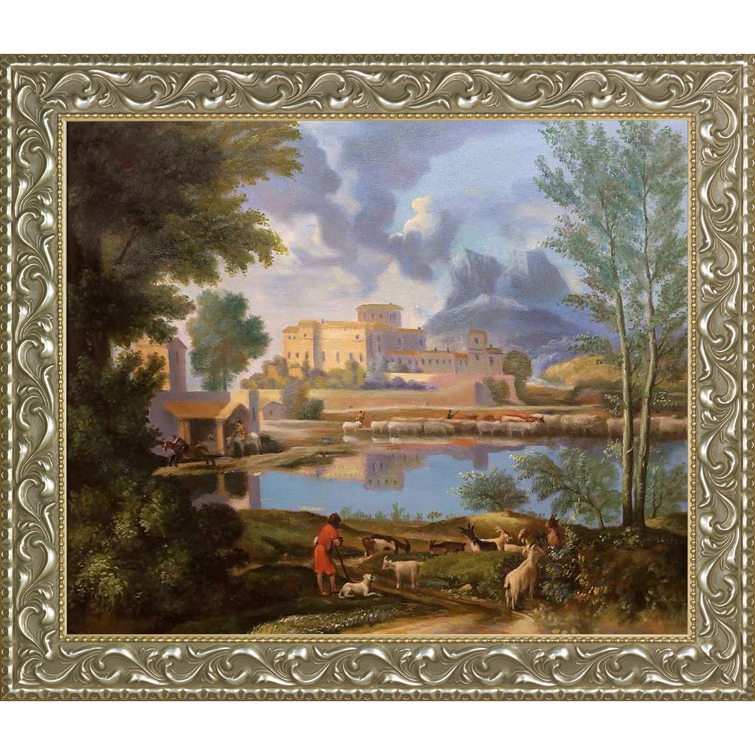 La Pastiche 688576500027 Landscape with a Calm, 1650-1651 Nicolas Poussin Silver/Gold Wood Framed 25.5-Inches H x 29.5-Inches W Landscape Canvas Hand-Painted Painting