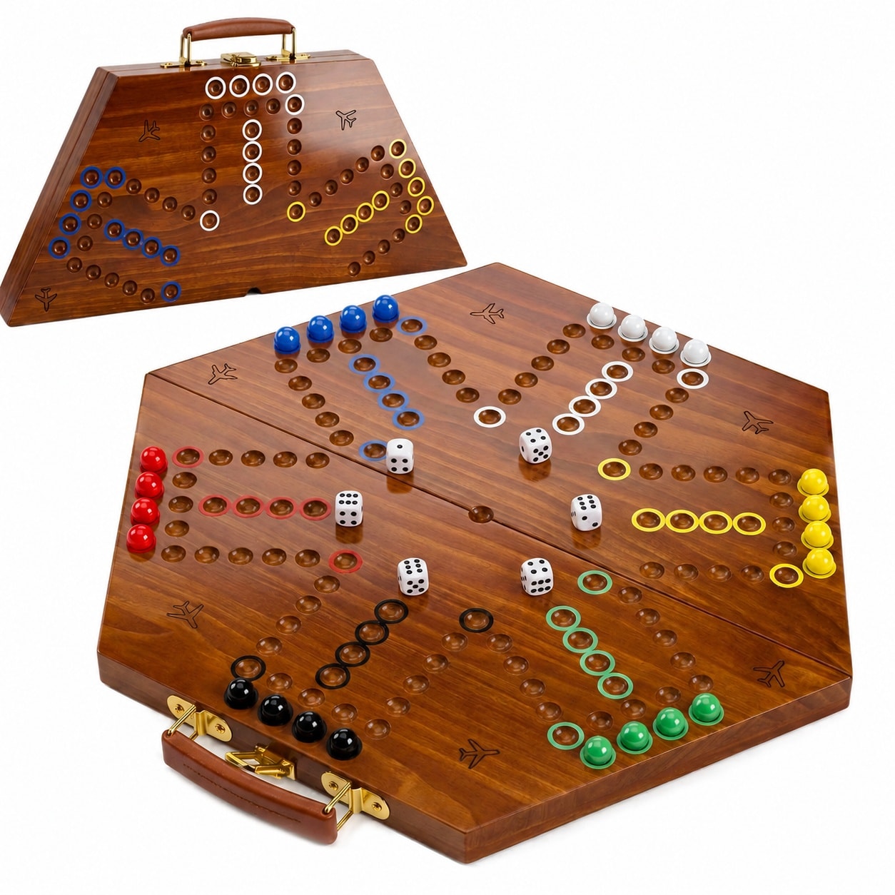 Etokfoks  Burnt Color Wooden Folding Wahoo Game Set with Integrated Storage for 6 Players 30 Marbles and 6 Dice