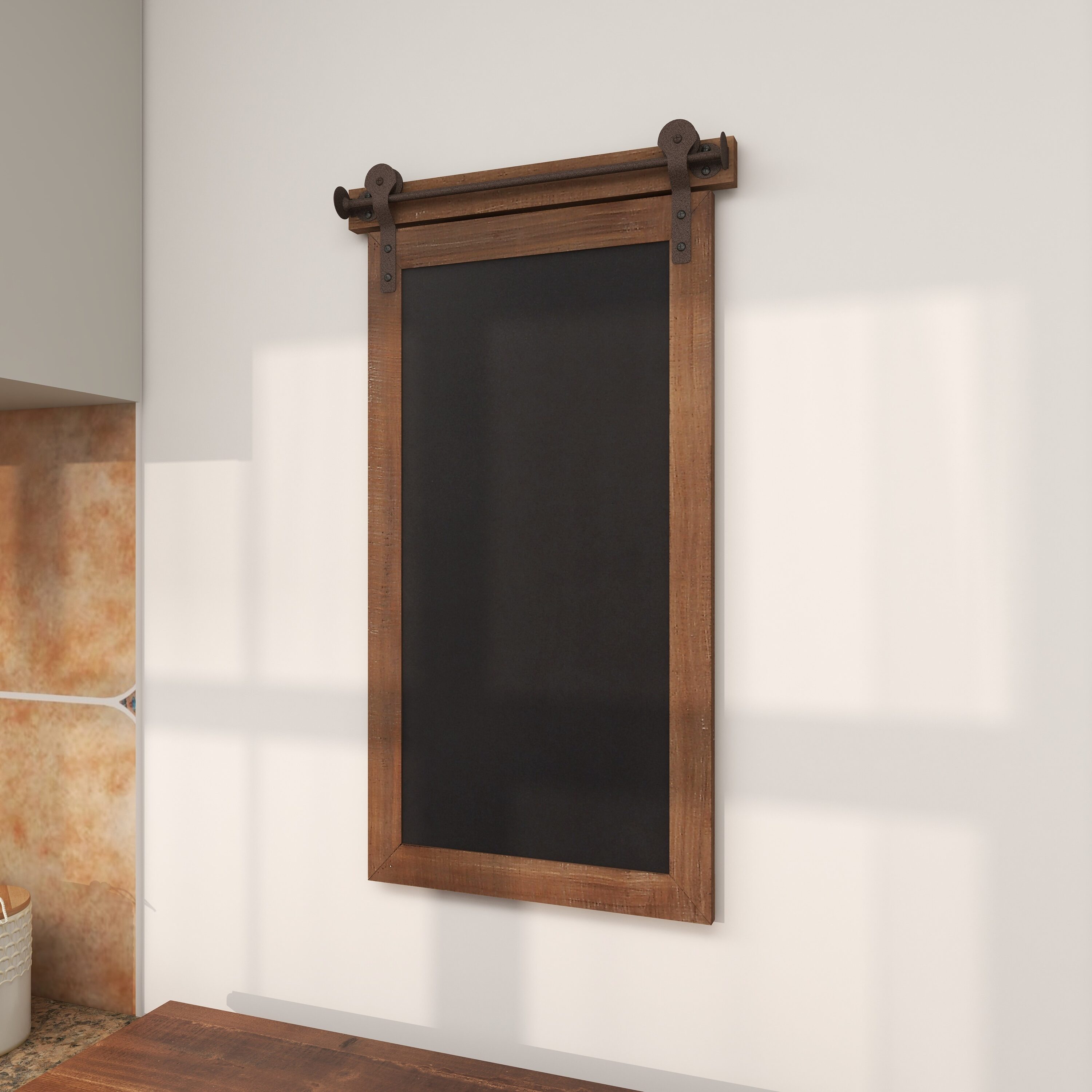 Brown Wood and Metal Chalkboard Sign with Barn Door Top