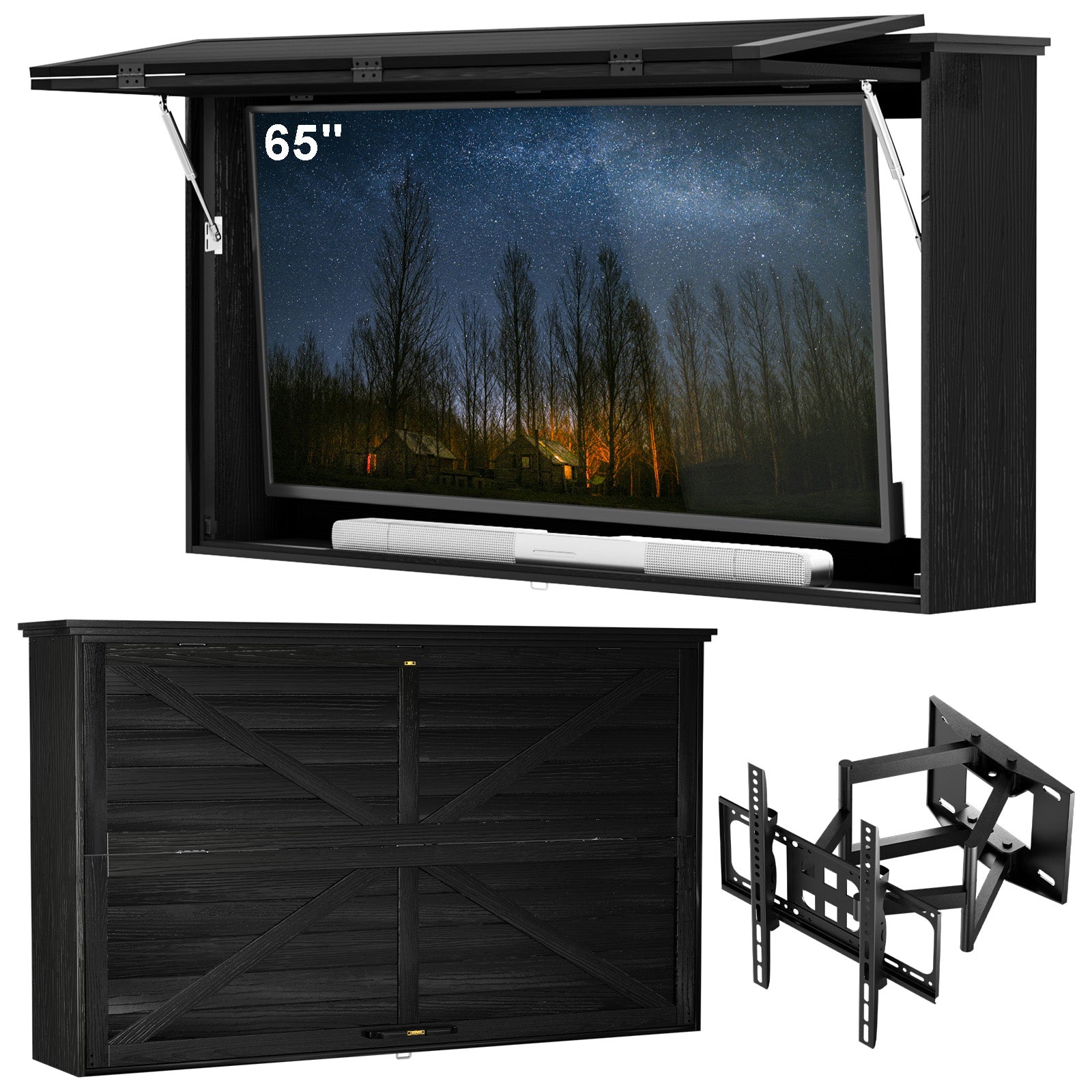 GDLF Outdoor TV Enclosure 65-Inch Solid Wood Weatherproof TV Cover with Premium Dual-Arm Mount Fits 60-65 inch Black #LNG832