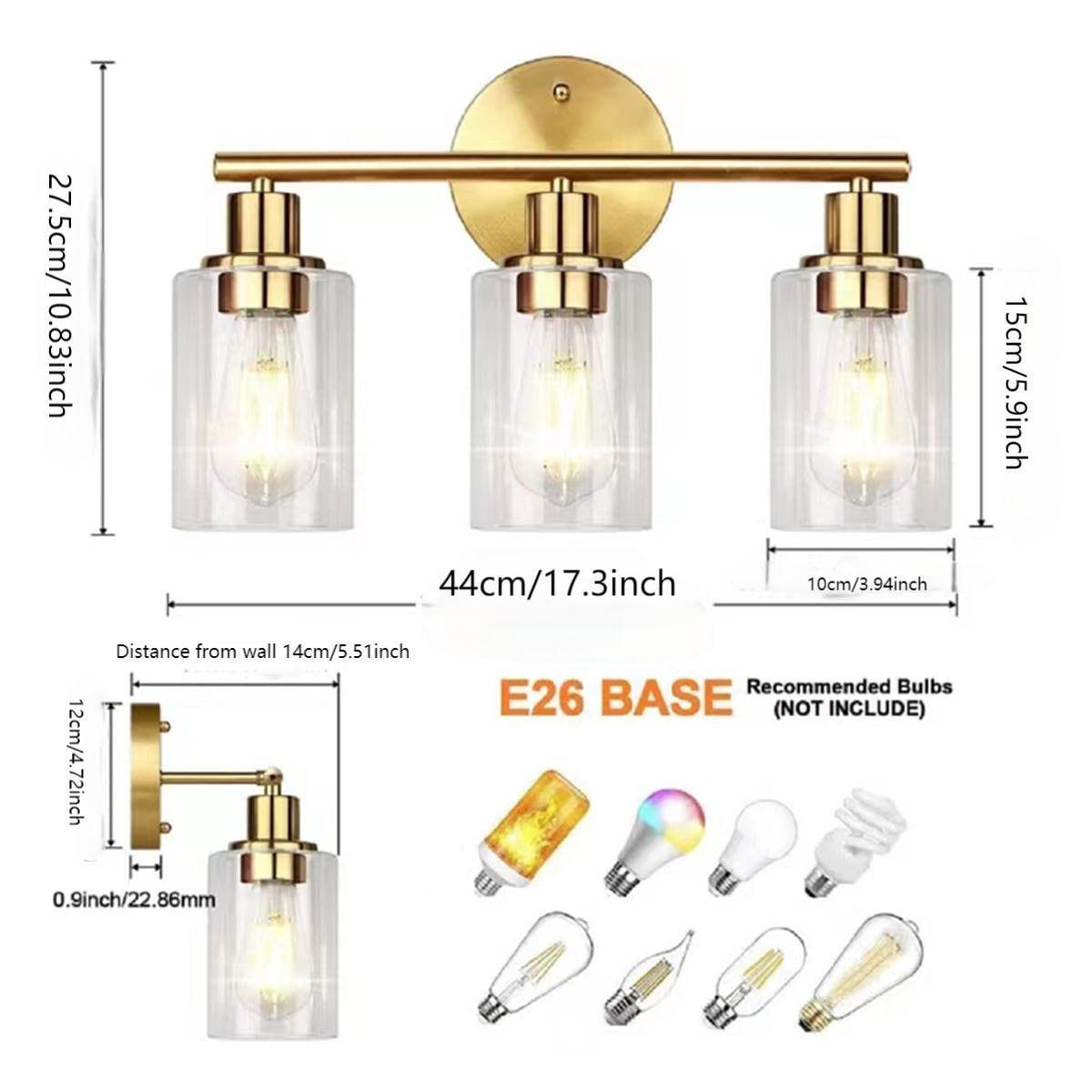 Fylbinye Bathroom Vanity Light with Glass Shade 17.3-in 3-Light ...