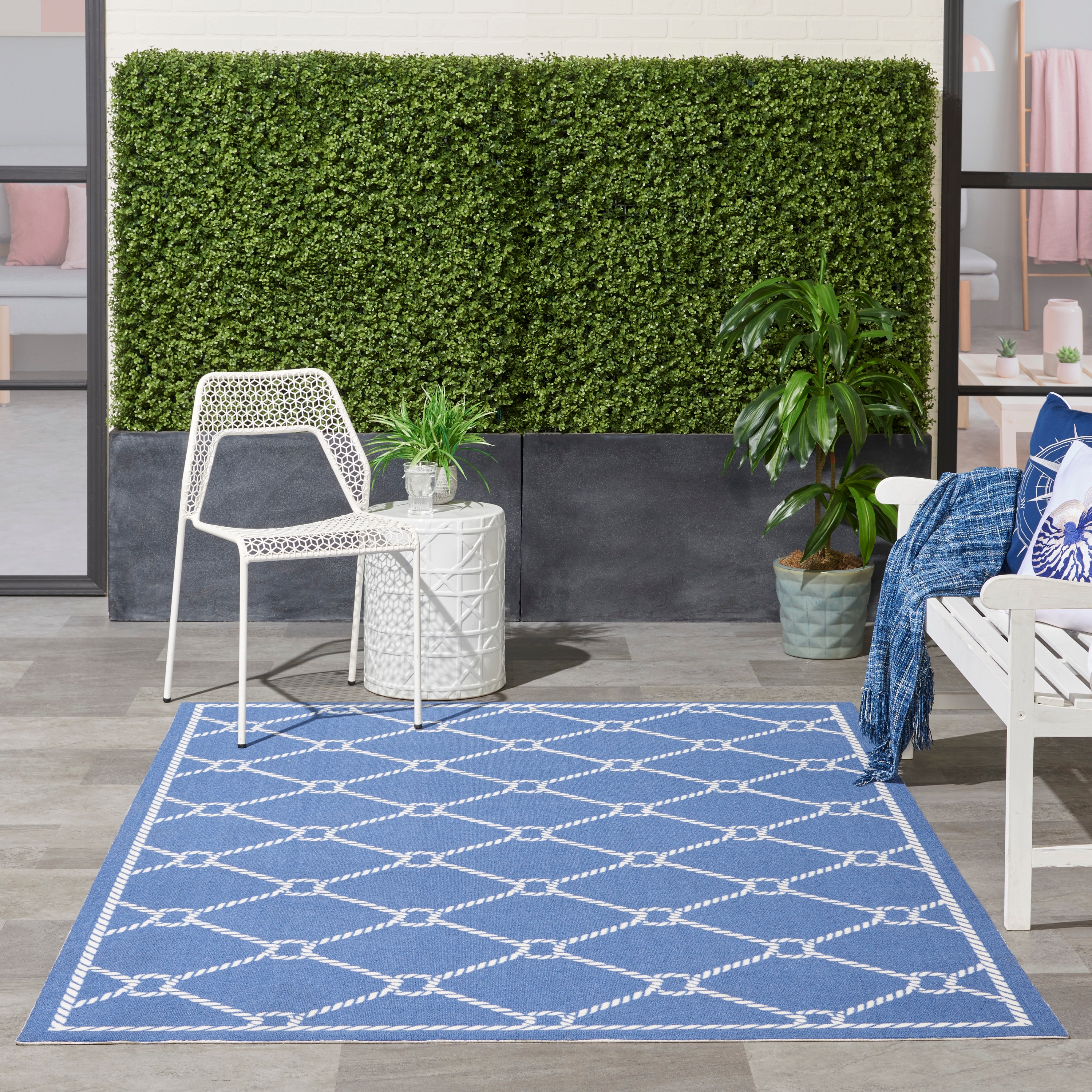 Nautical Blue and White Reversible Synthetic Area Rug