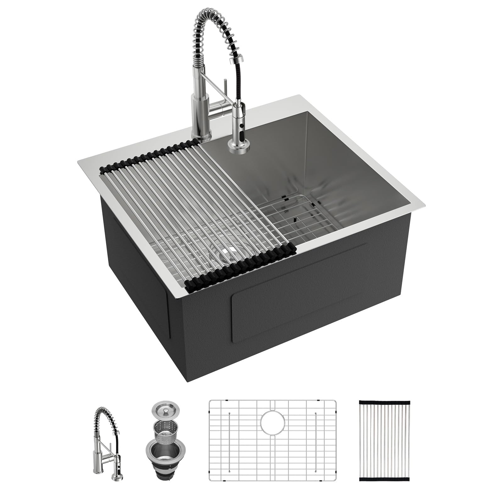 LILILIAN FMY  12 Inch Deep Topmount Laundry Sink 25x22 Inch Stainless Steel Utility Basin with Pull Out Faucet and Accessories