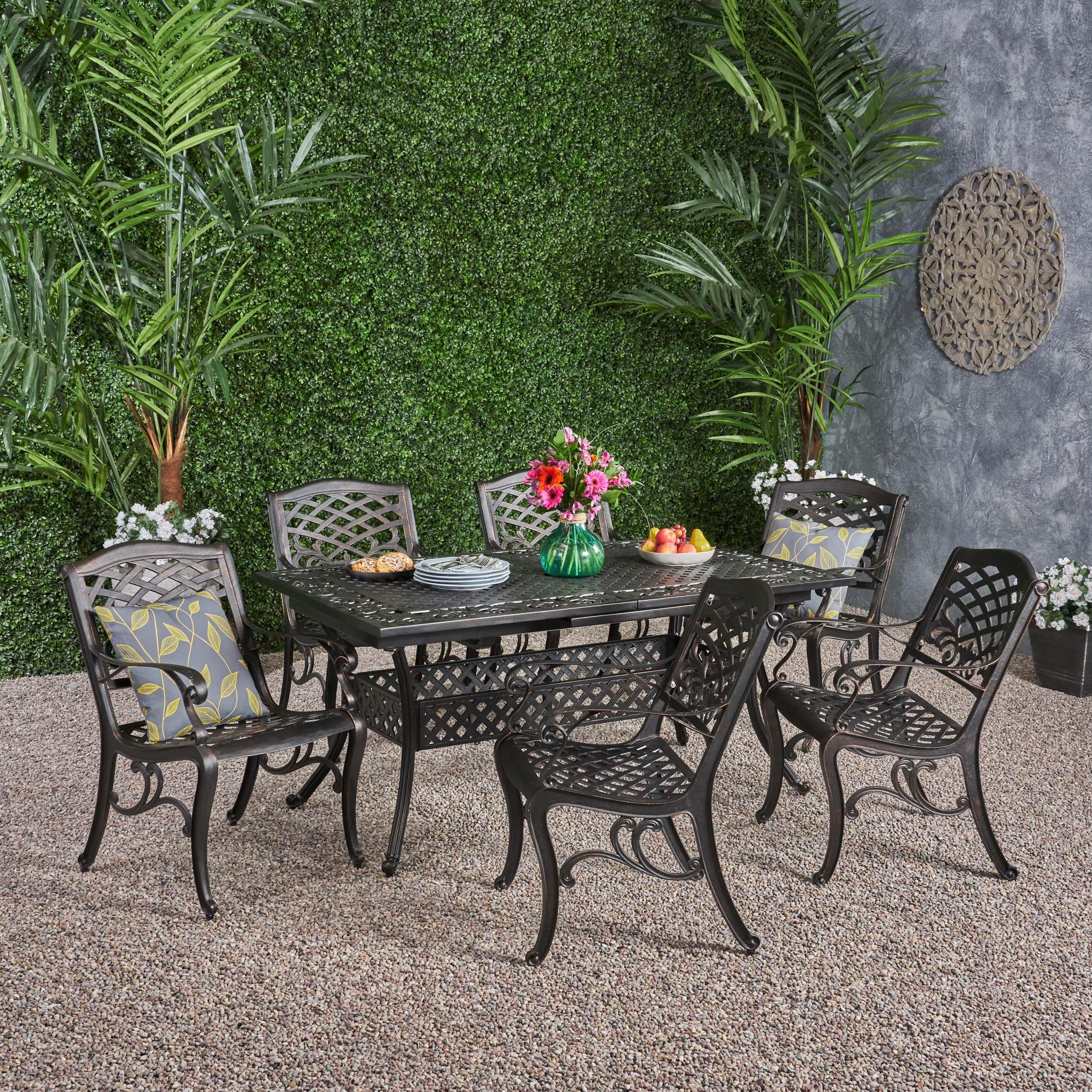 Christopher Knight Home 307546 Phoenix Patio Dining Set with Expandable Table 64 Inches - 81 Inches 6-Seater Cast Aluminum Shiny Copper Finish