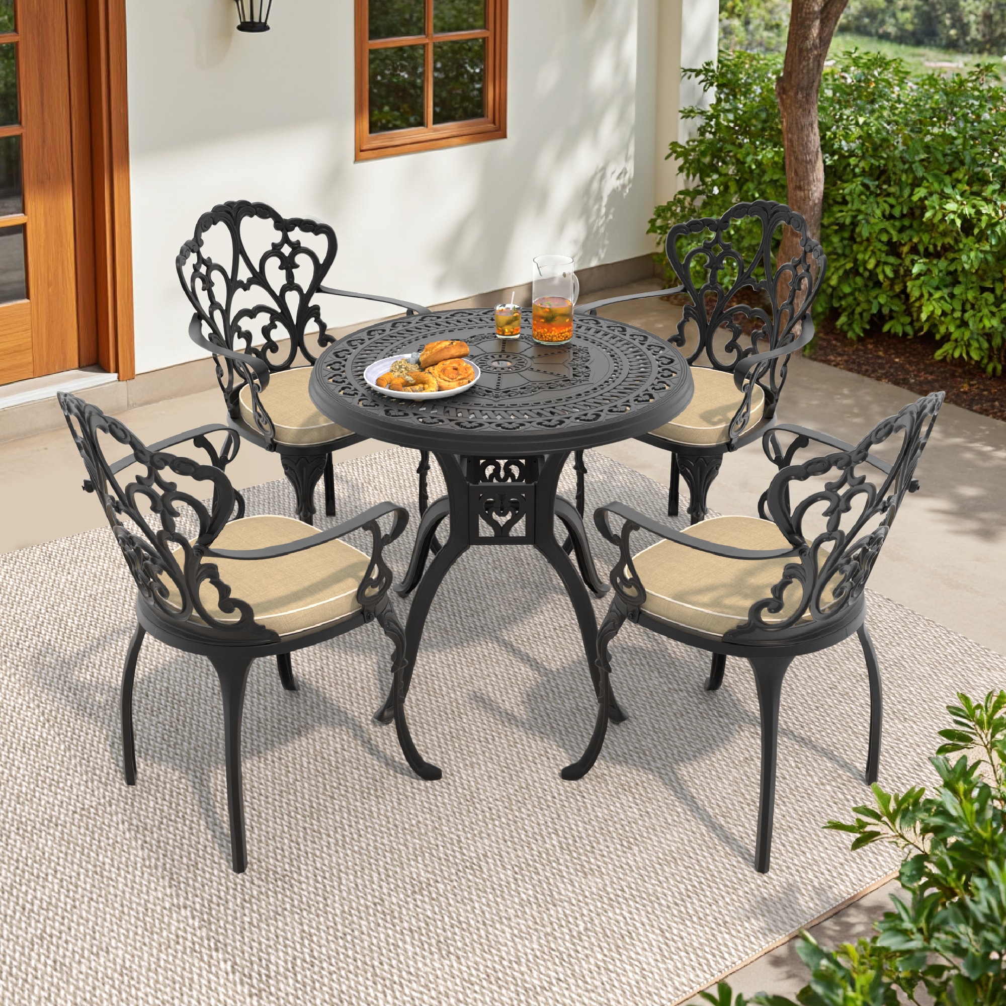 nicesure SLBK6047CZ4A1053RC 5 -Piece Black Patio Dining Set Aluminum Round Table with 4 Cushions Stationary Chairs