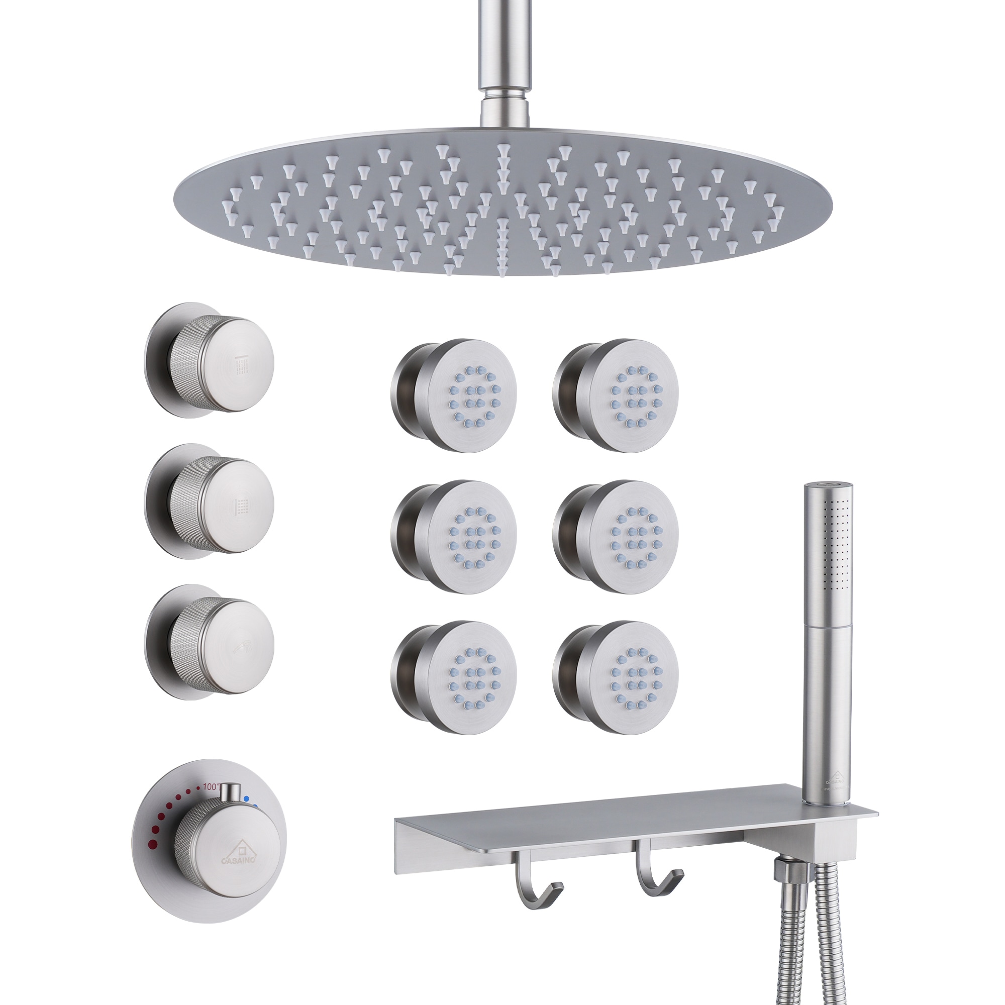 CASAINC WE-SS22MB Brushed Nickel 10-Inches Built-In Shower Faucet System with 4-way Diverter ( Thermostatic Valve Included )