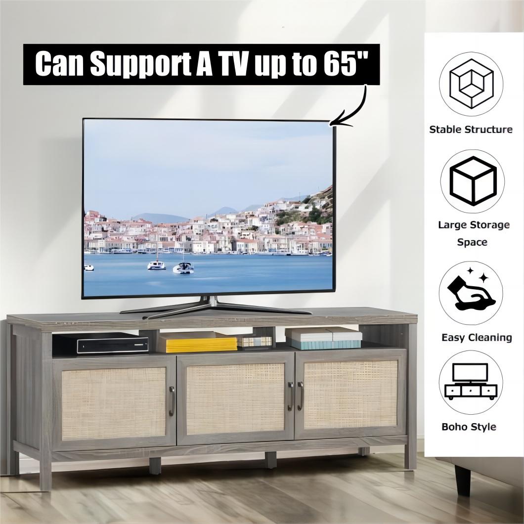 Gray Solid Wood TV Stand with Rattan Cabinet Doors