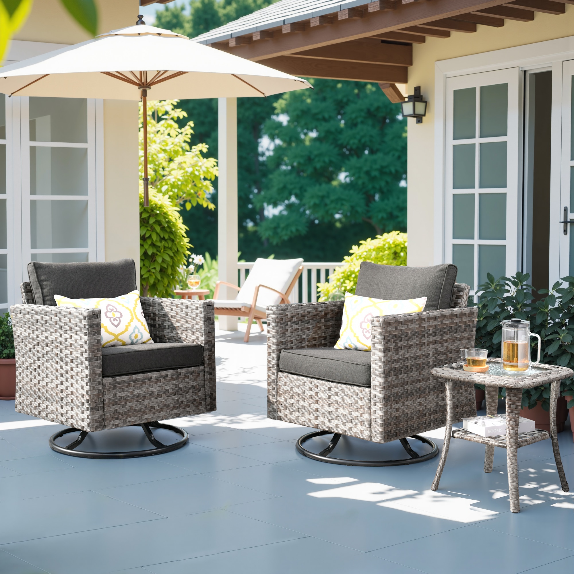 Pouuin SYZBBR1-3 3 -Piece Rattan Patio Conversation Set with Black Cushions