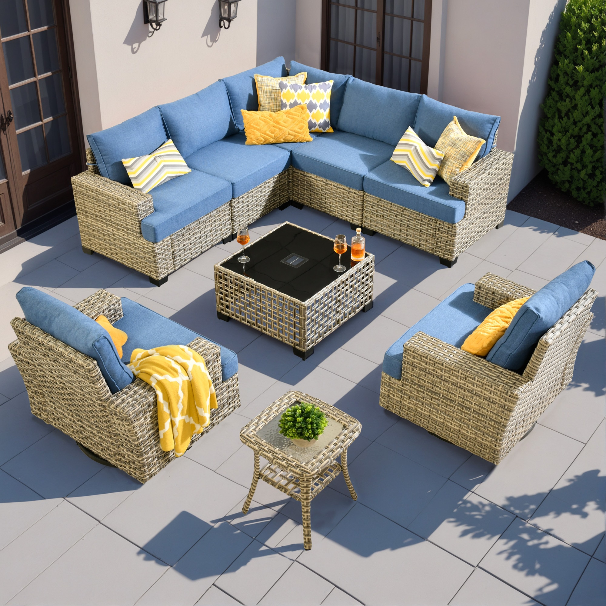 ALTRIGUS 6L-YZTBS5092-AL 9 -Piece Wicker Patio Sofa Conversation Set with Blue Cushions