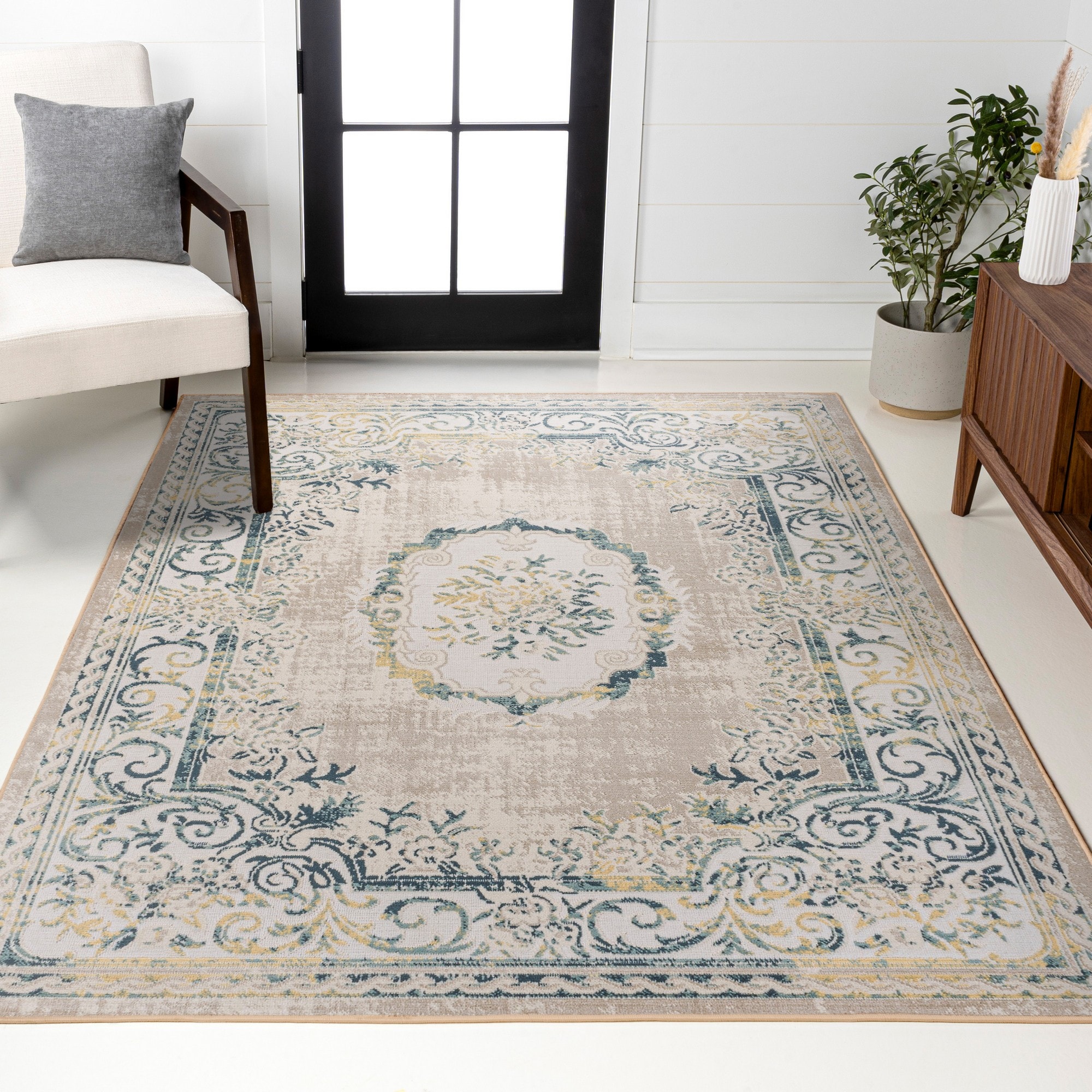 JONATHAN  Y MDP401C-4 MODERN PERSIAN Rosalia Cottage 4 x 6 (ft) Loomed Navy/Ivory Rectangular Indoor Medallion Persian Pet Friendly Area rug