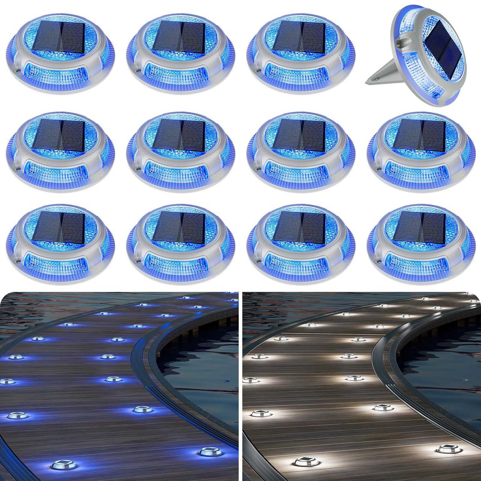 Aoibox  12 Pack Solar Deck and Driveway Lights Blue and White LED Waterproof Aluminum IP67 Outdoor Dock Step Pathway Marker Easy Install