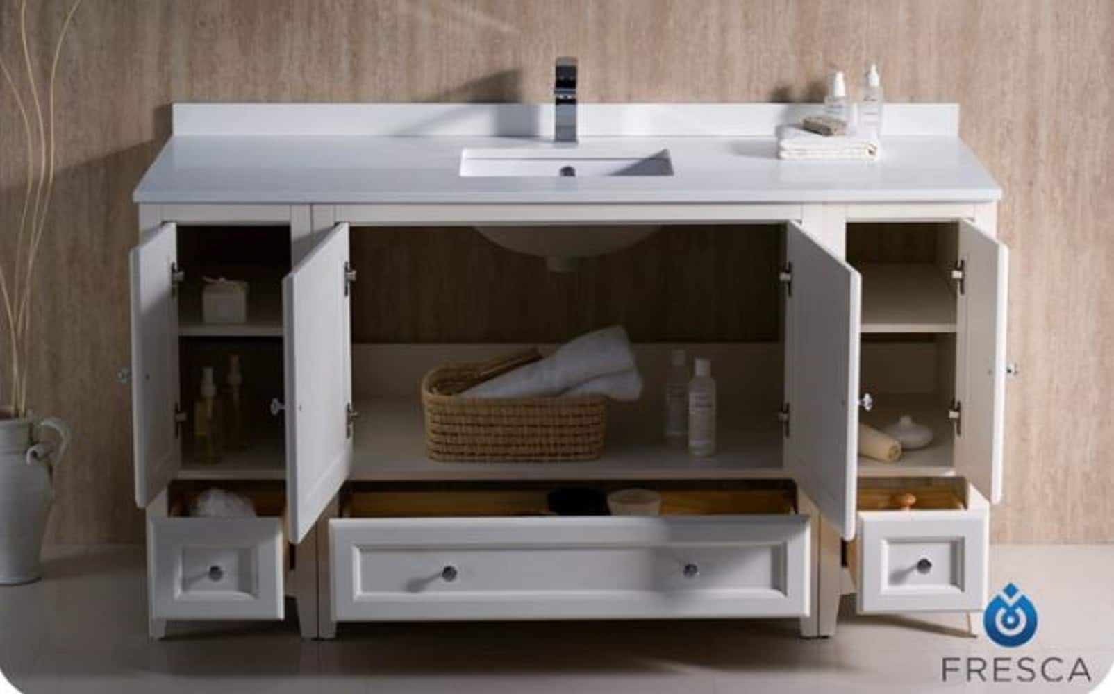 Oxford 60" Antique White Quartz Stone Vanity with Ceramic Sink
