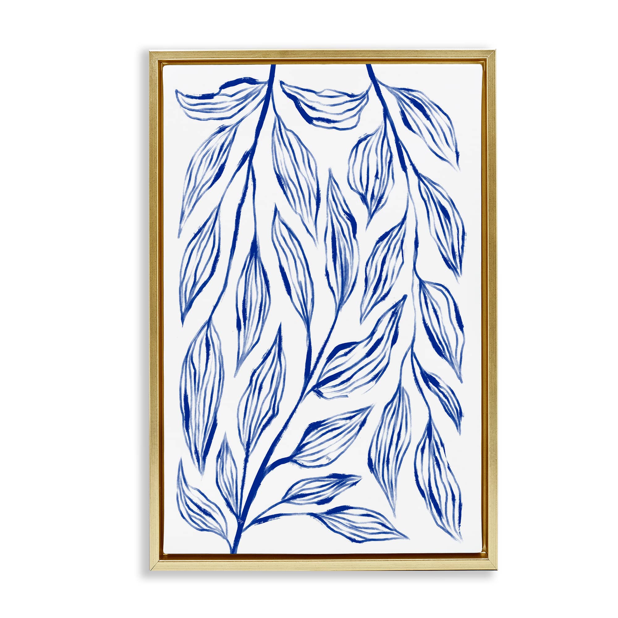 Stupell Industries BS-648-FFG-16X24 Simple Blue Leaves on White Gold Framed Floater Canvas Wall Art By Martina Pavlova 17 x 25