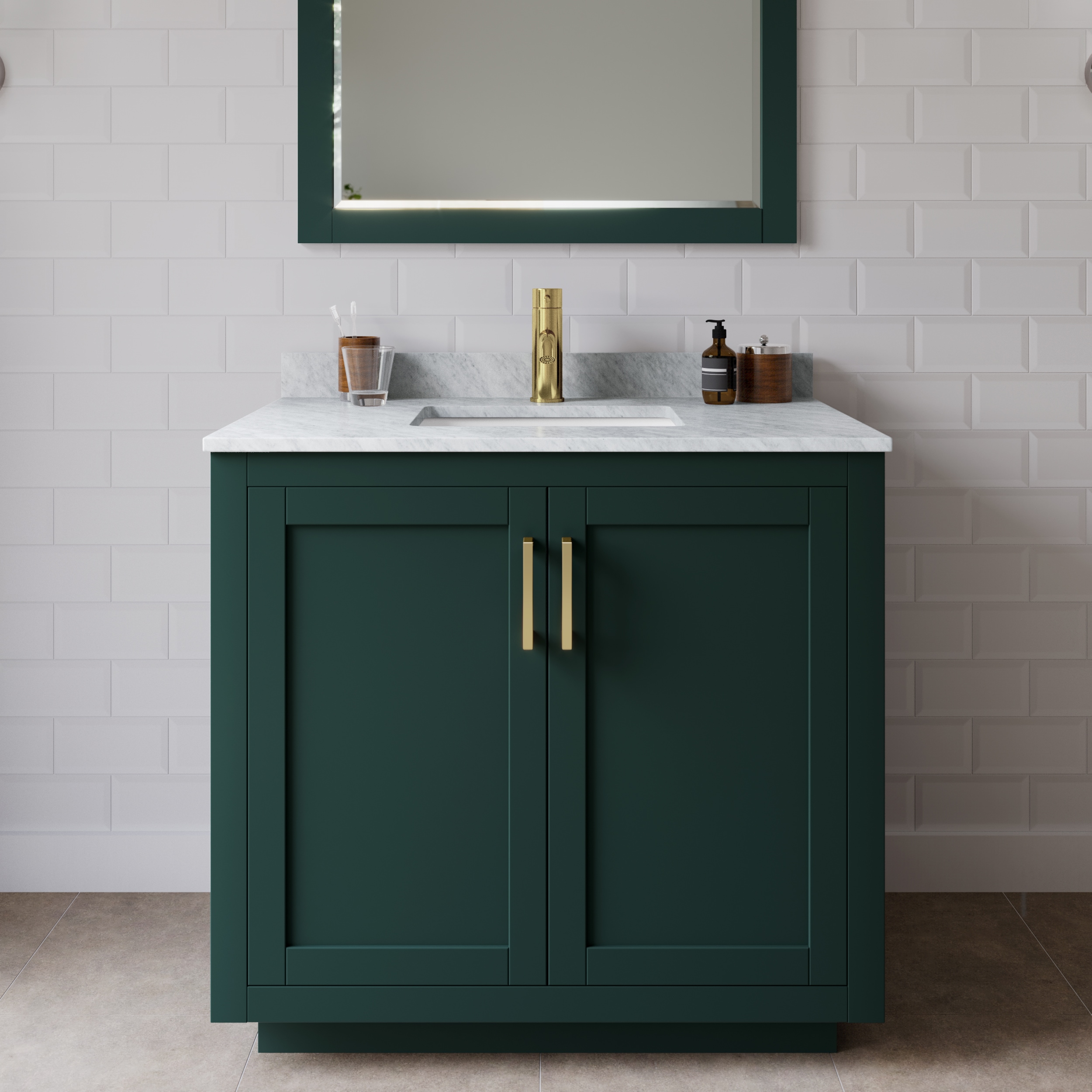 Wyndham Collection WCF292936SGDCMUNSMXX Miranda 36-in Green with Brushed Gold Trim Undermount Single sink Bathroom Vanity with White Carrara Marble Marble Top
