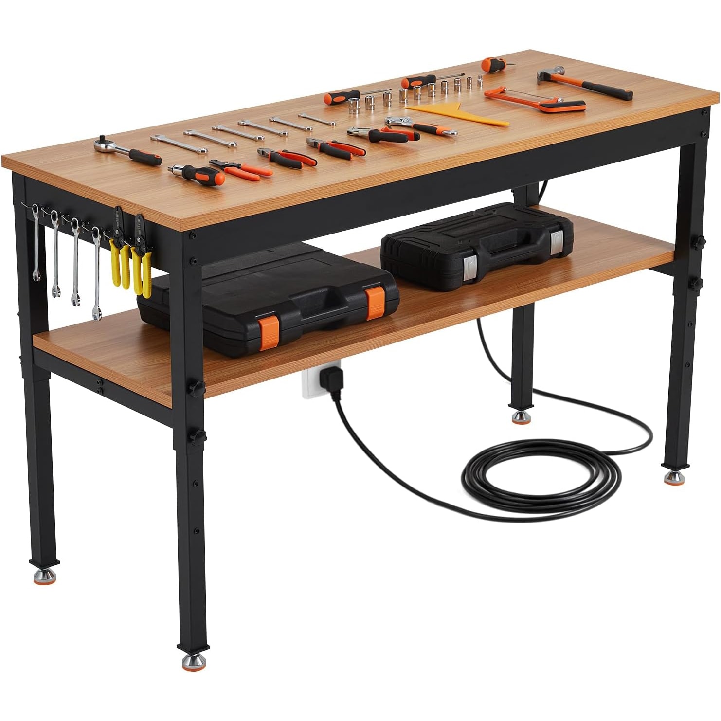 Idealhouse Heavy Duty Adjustable Office Computer Desk with Storage Shelf and Power Outlet 60 x 24 in Workbench 2500 lbs Capacity Two Tiers Black and Natural Wood No Wheels #JOEY-QB0KRITL4HCA
