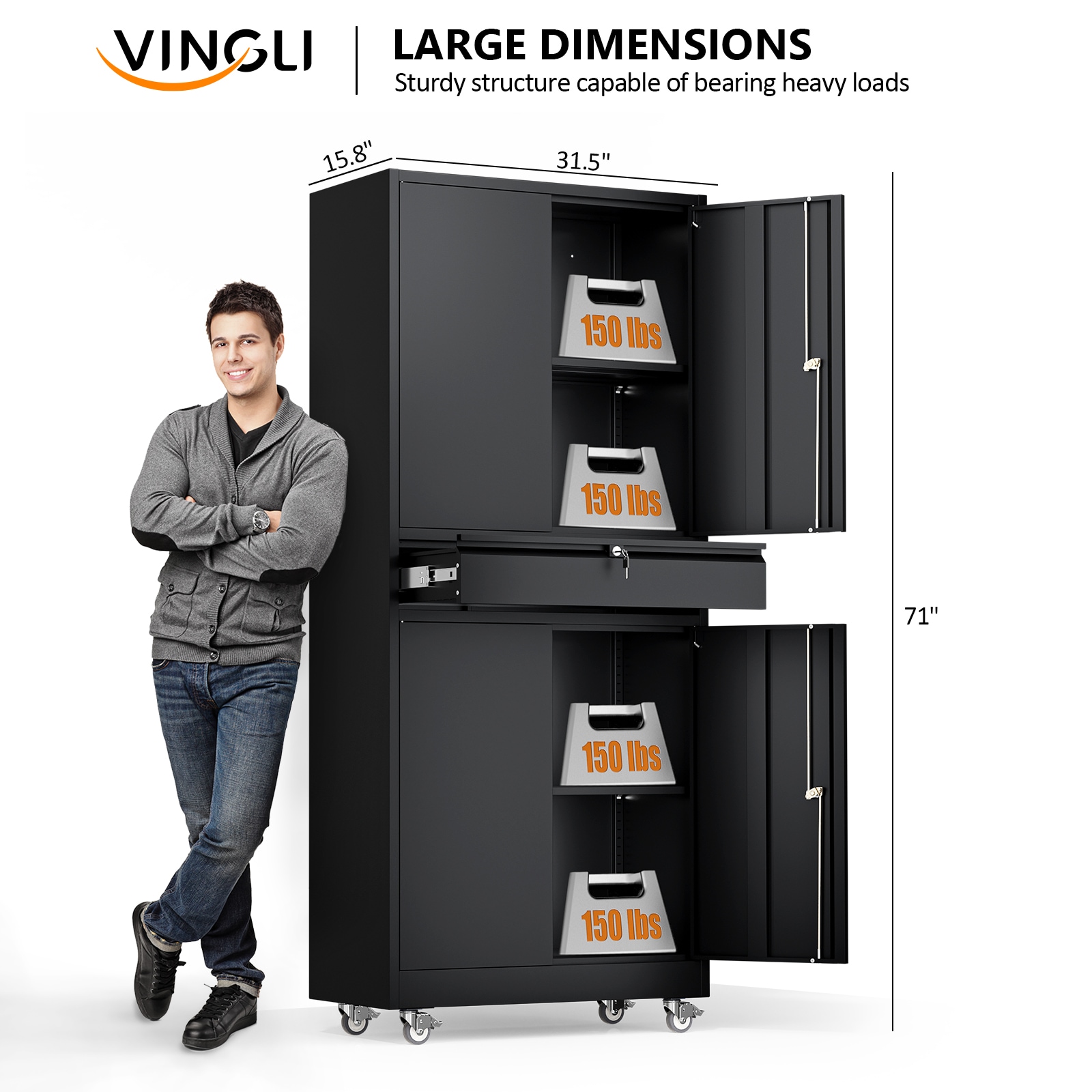 VINGLI 15.8D x 31.5W x 71H Metal Storage Cabinet with 4 Doors and