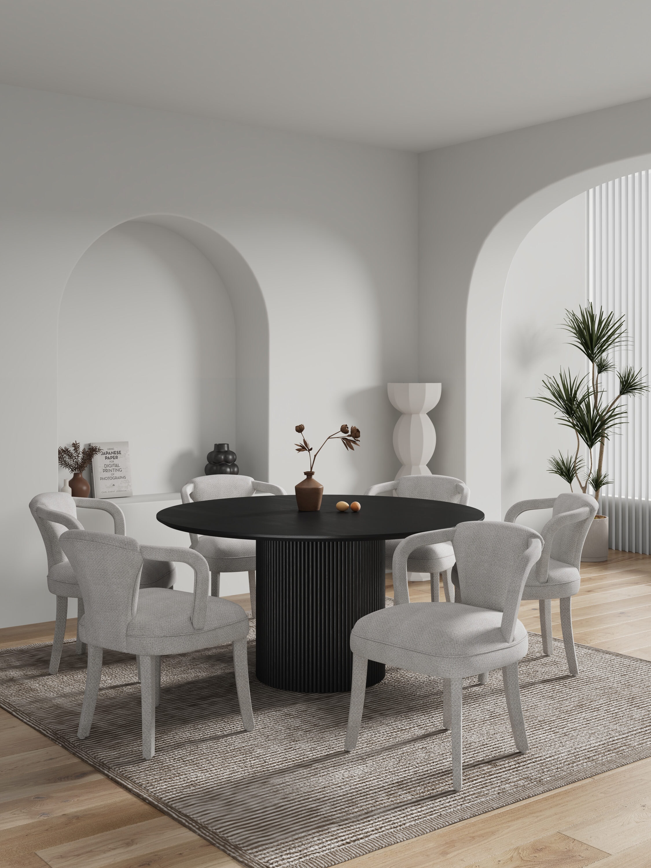 Manhattan Comfort 6-DT05DC088AR-BKSL Black and Silver Lining Contemporary/Modern Dining Room Set with Round Table ( Seats 6 )