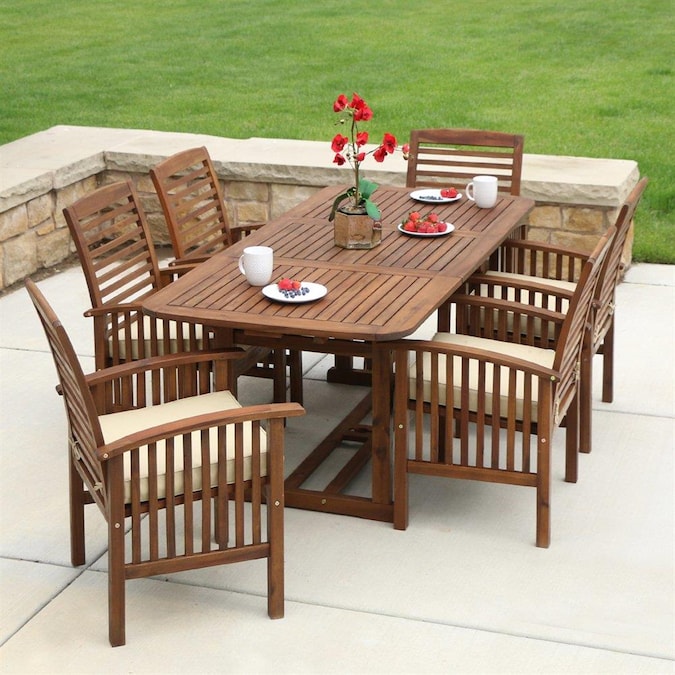 Walker Edison Arcadia 7 Piece Brown, Wooden Outdoor Dining Set With Cushions